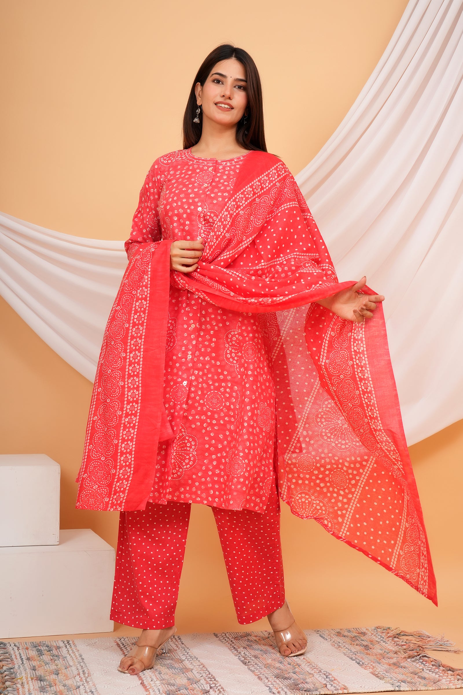 Jaipuri Floral Printed Ladies Traditional Ethnic Wear 3 Pcs Set - Red
