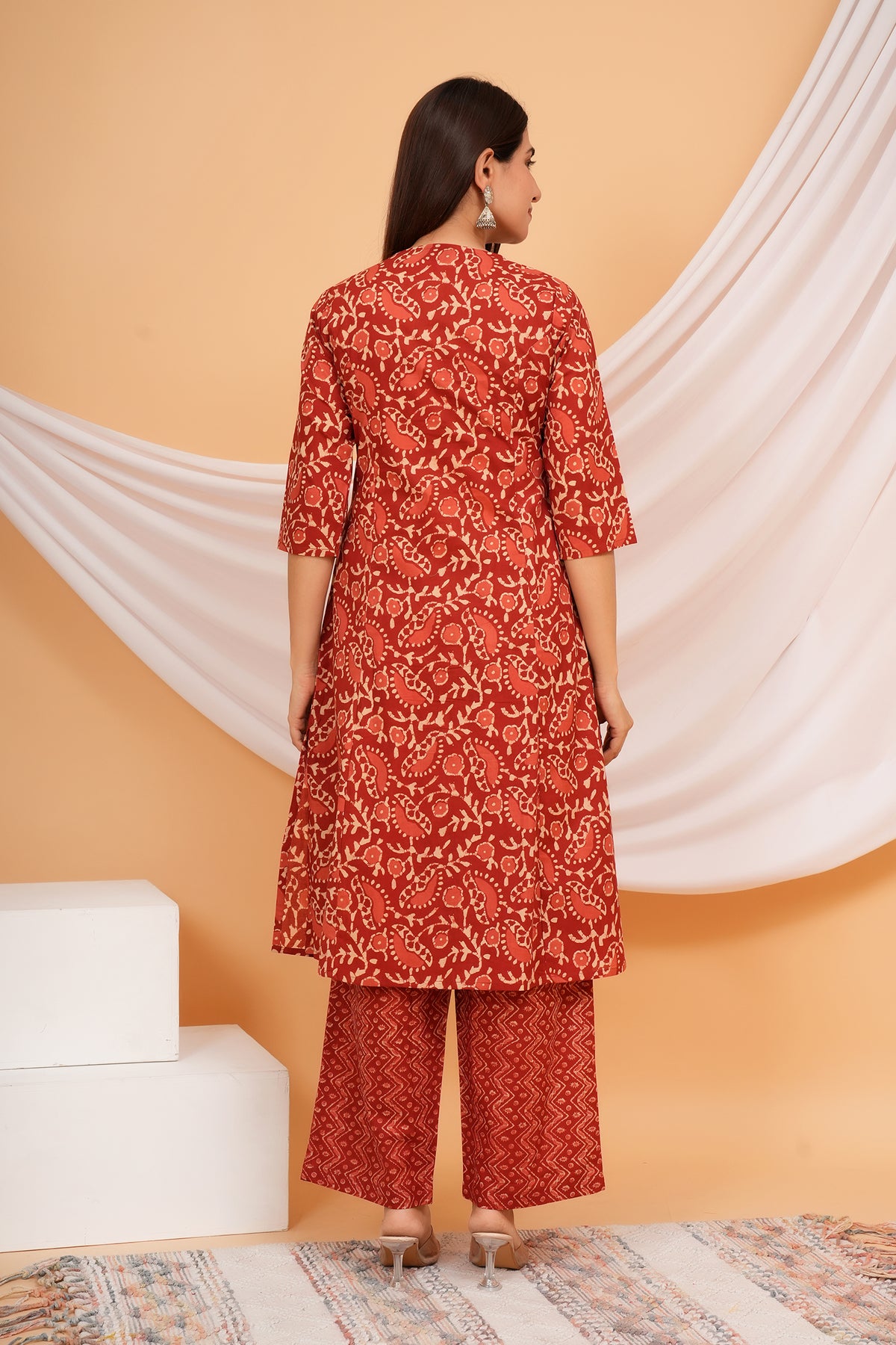 Ajrakh Inspired Paisley, Floral, and Geometric Motif Printed 3 PC Kurta Set - Maroon Red