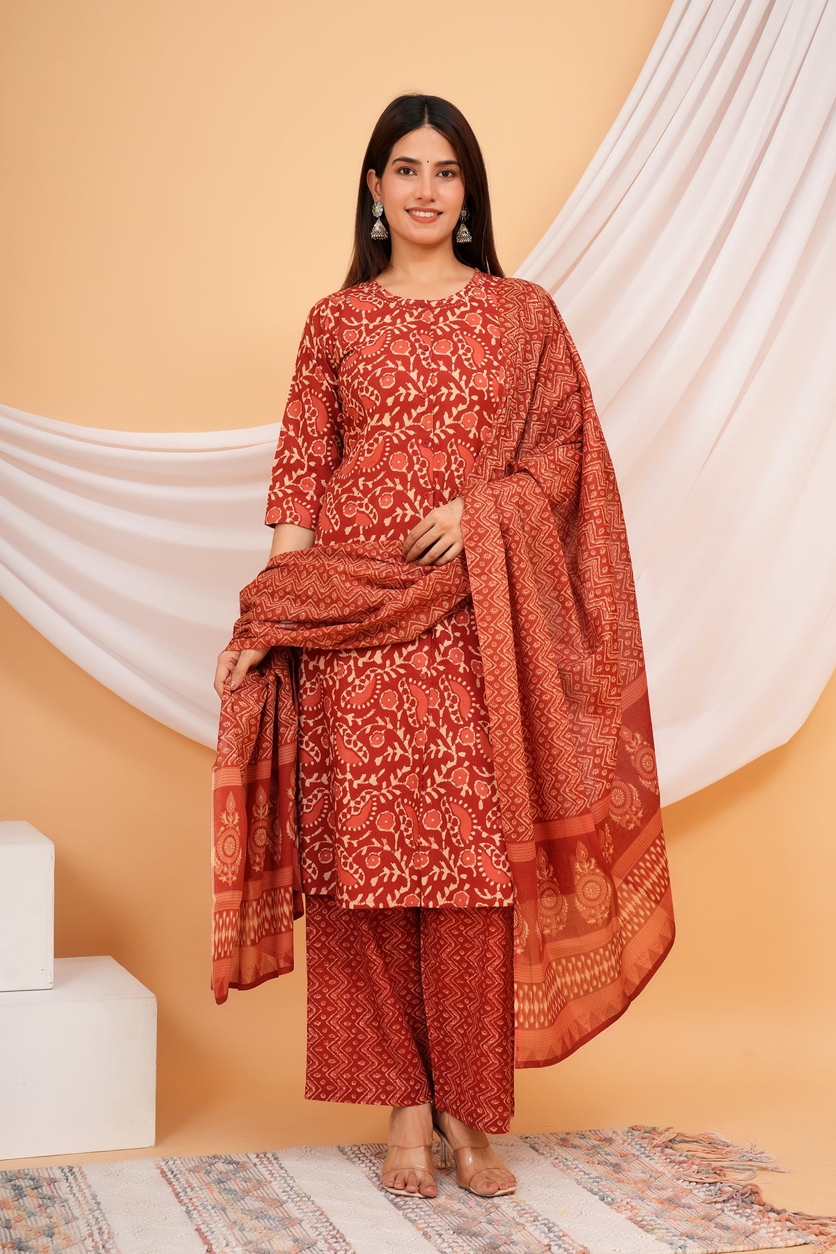 Ajrakh Inspired Paisley, Floral, and Geometric Motif Printed 3 PC Kurta Set - Maroon Red