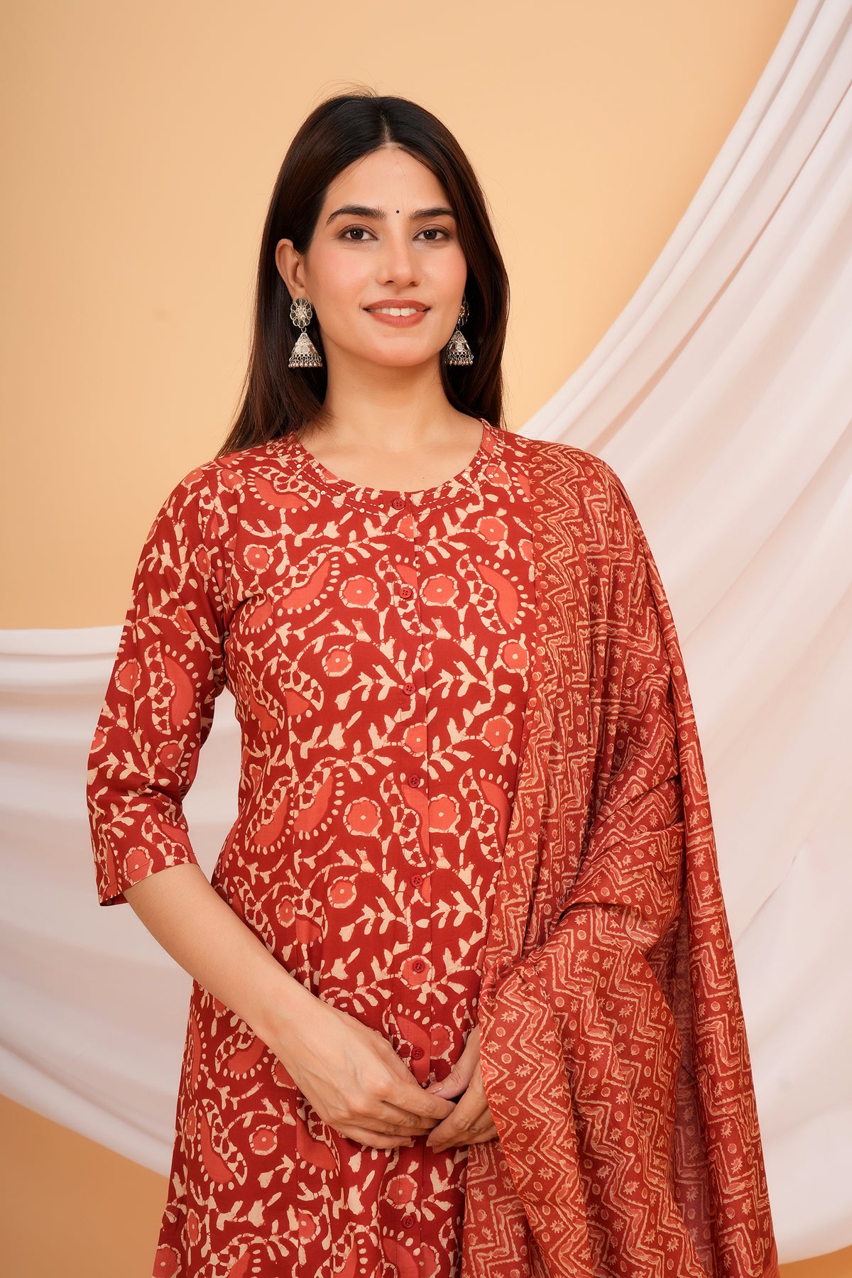 Ajrakh Inspired Paisley, Floral, and Geometric Motif Printed 3 PC Kurta Set - Maroon Red