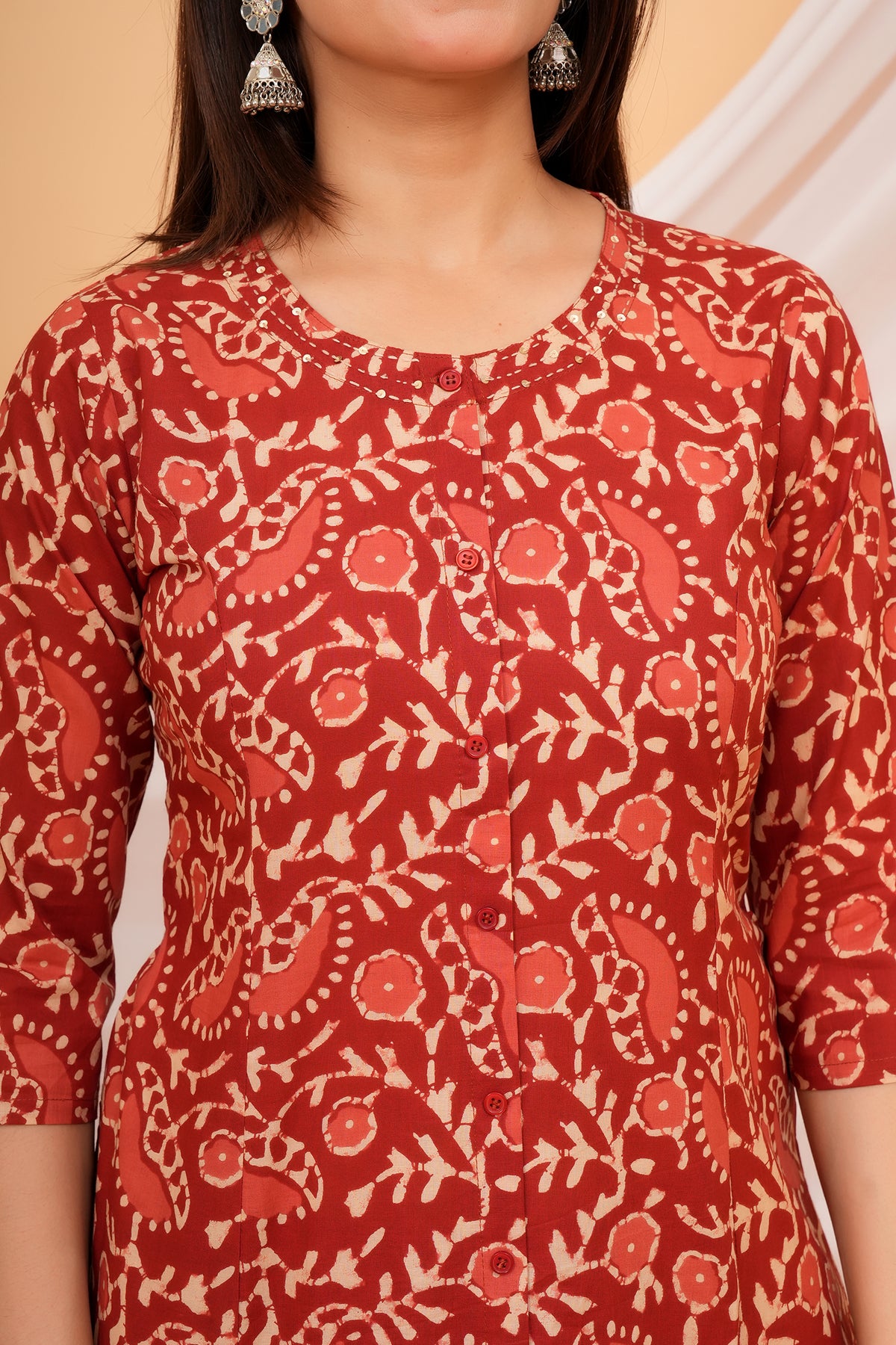 Ajrakh Inspired Paisley, Floral, and Geometric Motif Printed 3 PC Kurta Set - Maroon Red