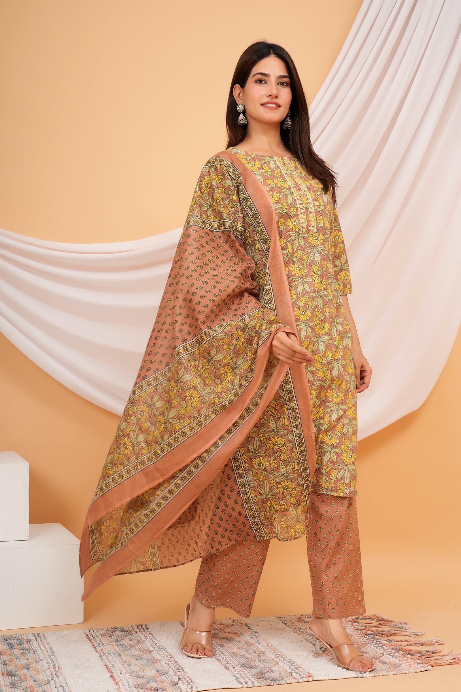 Full Body Flower Printed Traditional Ethnic Wear 3 Pcs Set with Dupatta - Brown