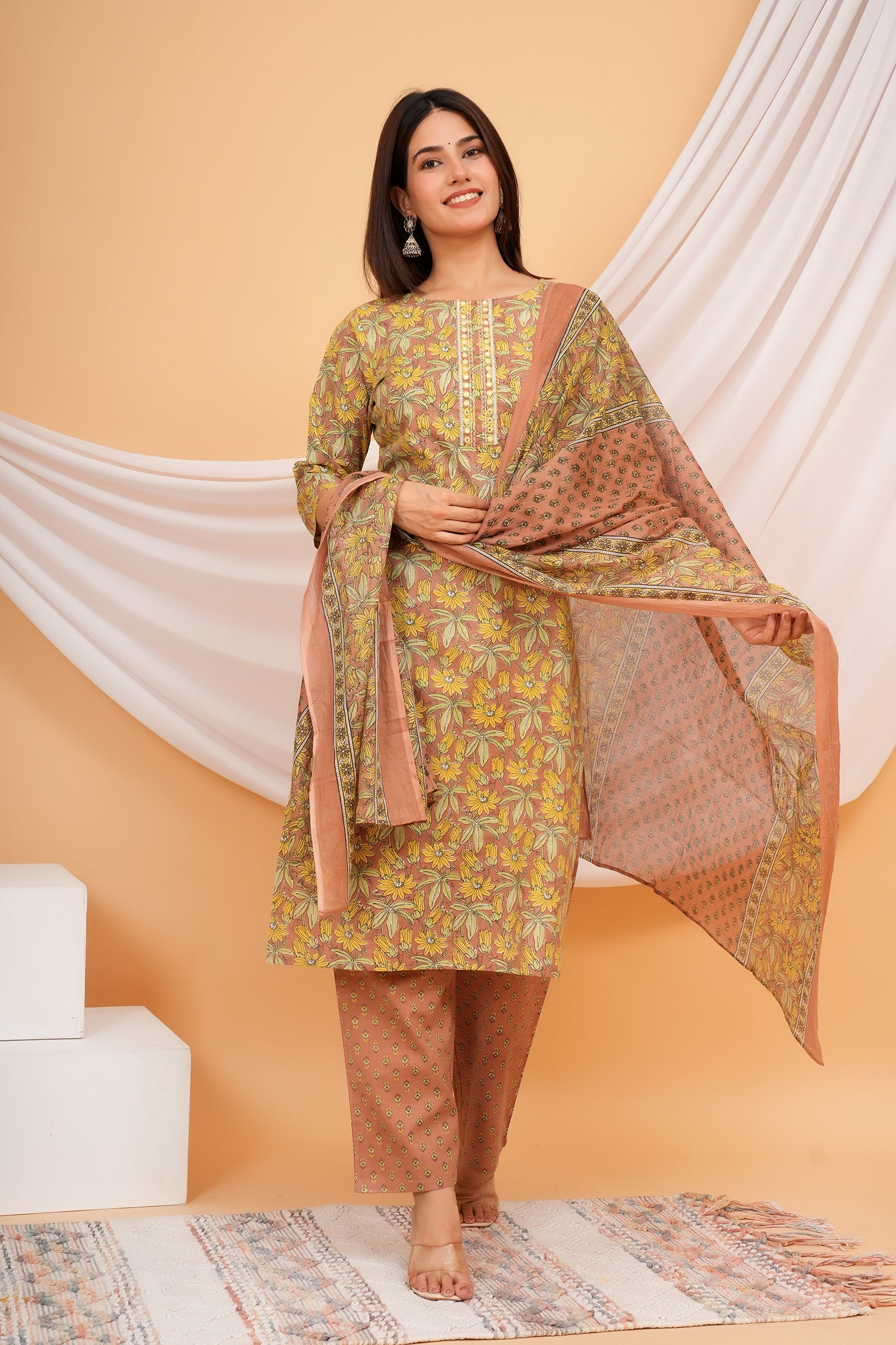 Full Body Flower Printed Traditional Ethnic Wear 3 Pcs Set with Dupatta - Brown