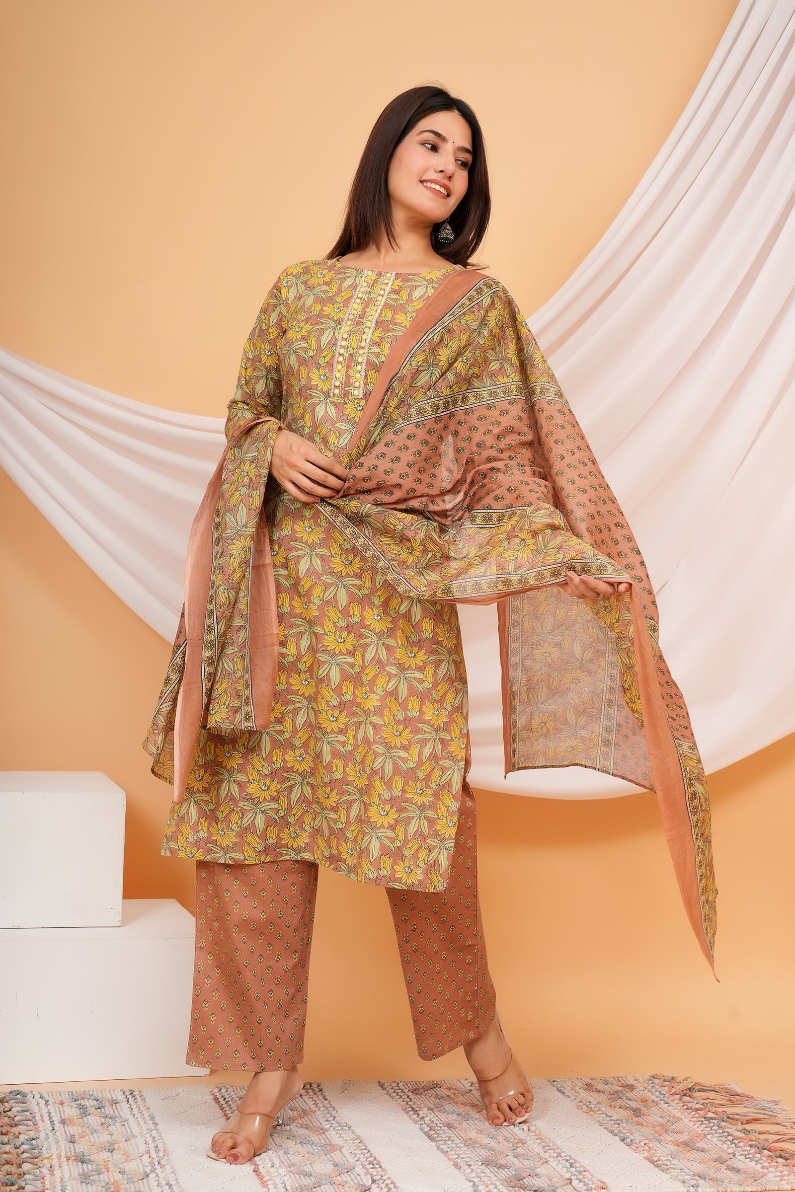 Full Body Flower Printed Traditional Ethnic Wear 3 Pcs Set with Dupatta - Brown