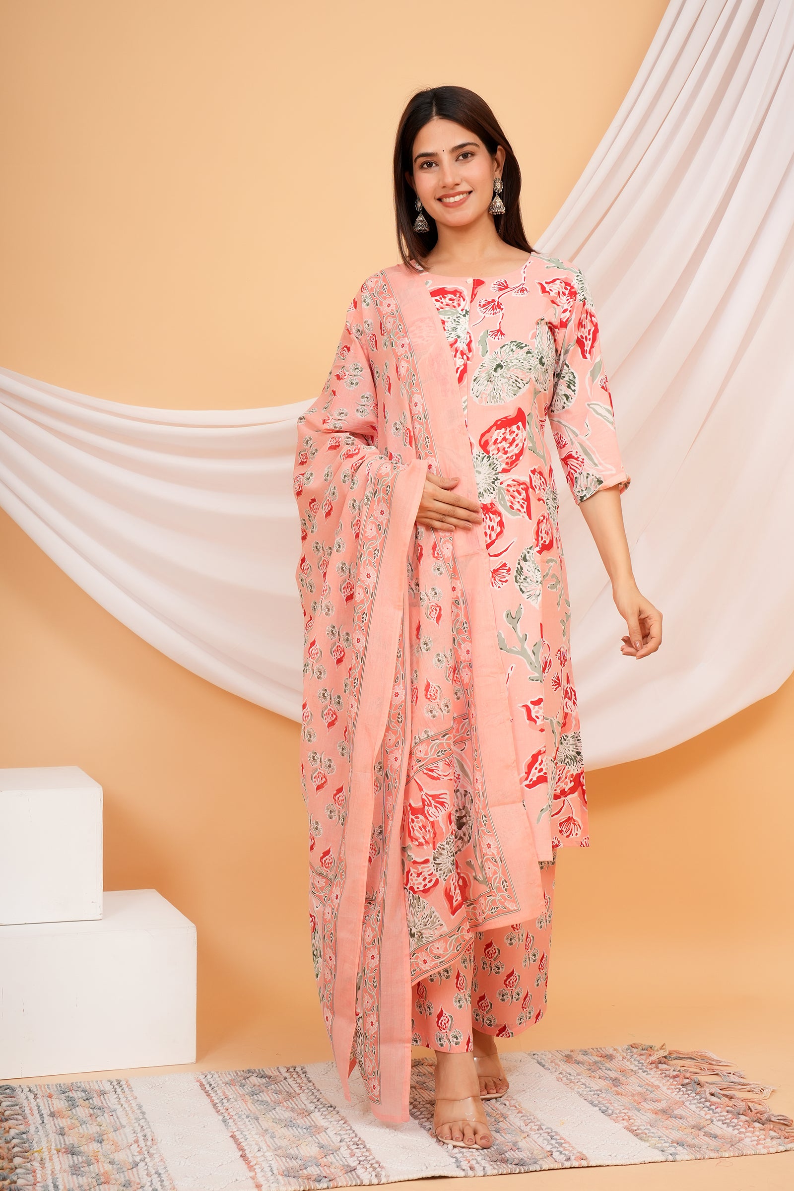 Floral Printed Ladies Traditional Ethnic Wear 3 Pcs Set - Peach with Red Flower