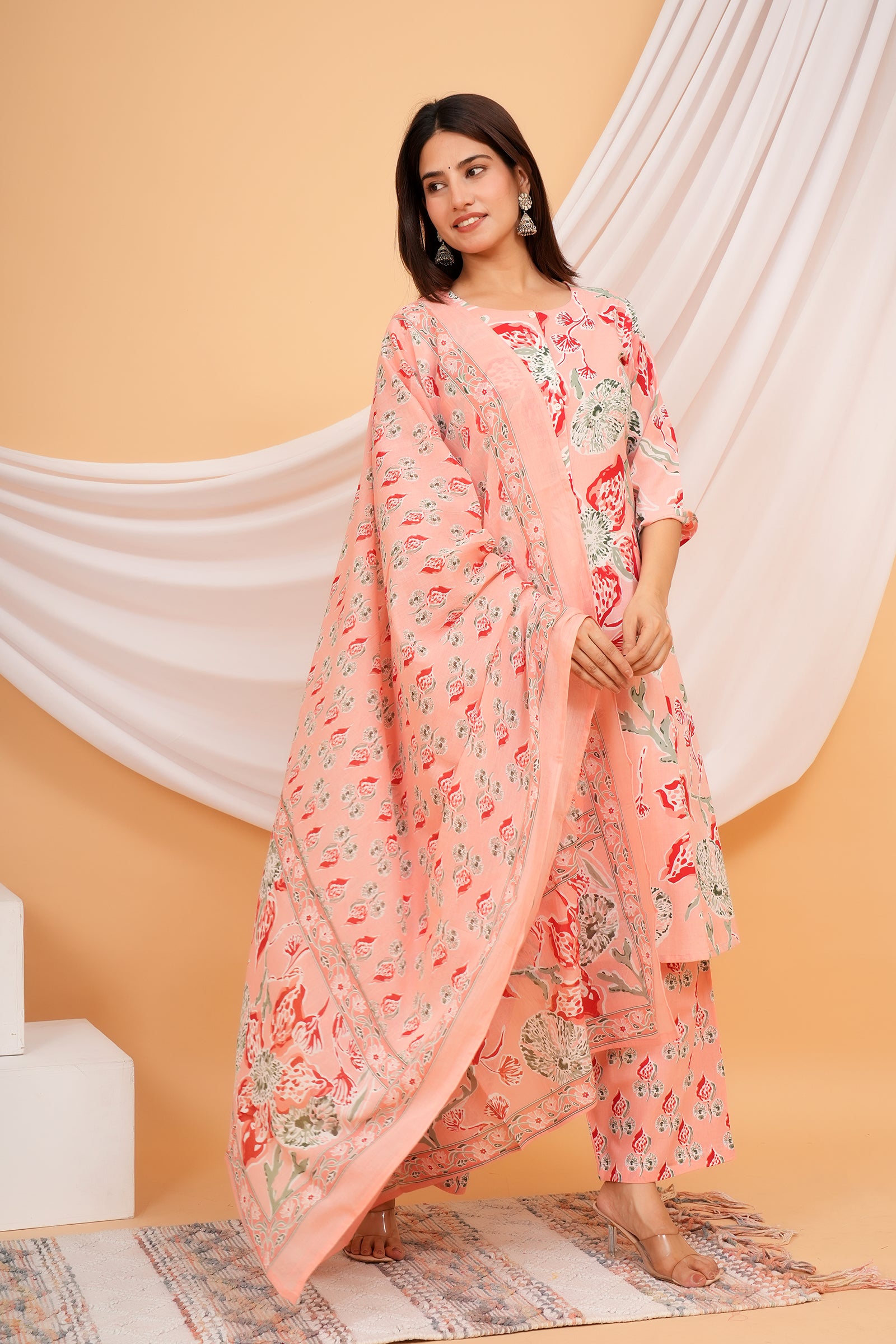 Floral Printed Ladies Traditional Ethnic Wear 3 Pcs Set - Peach with Red Flower