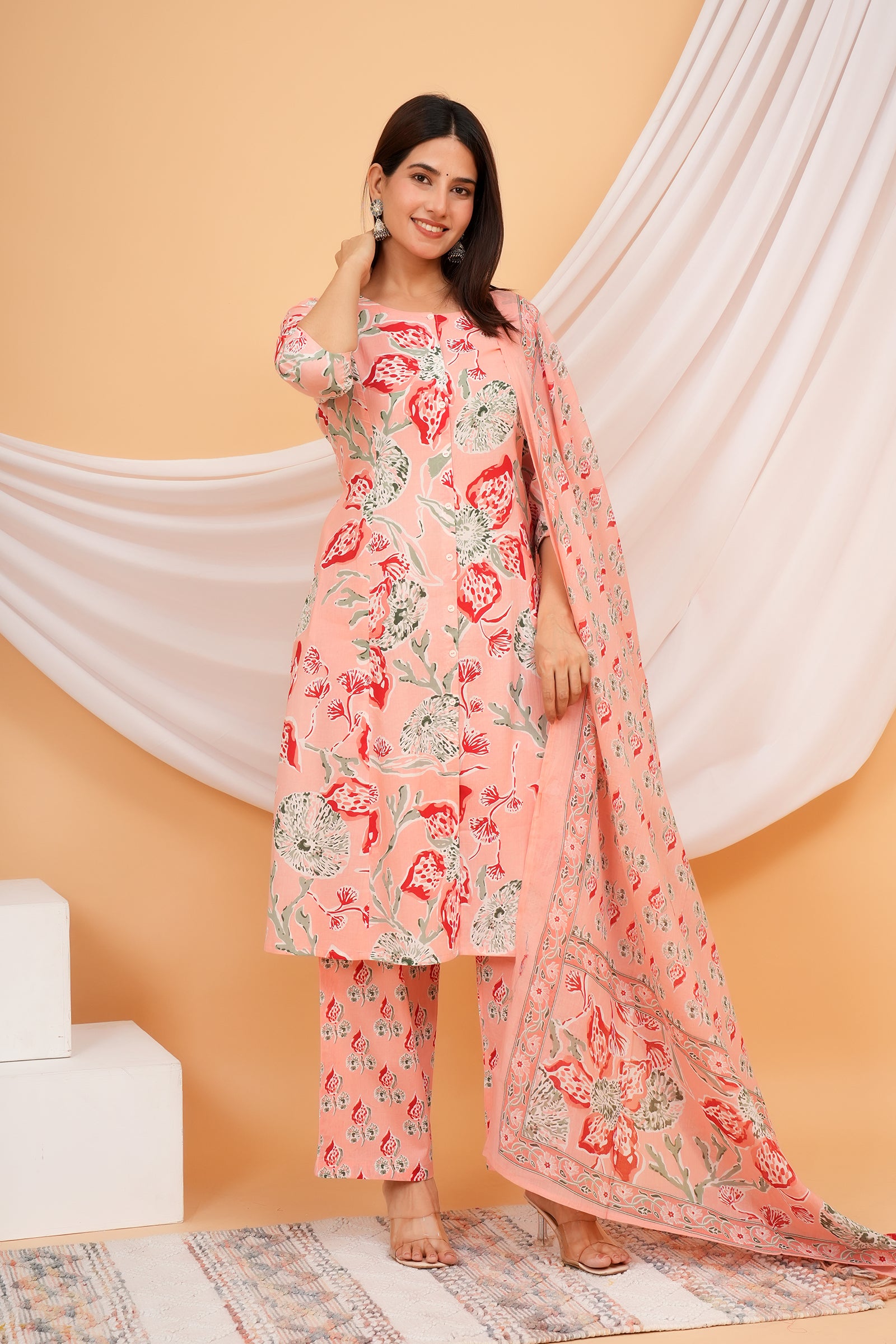 Floral Printed Ladies Traditional Ethnic Wear 3 Pcs Set - Peach with Red Flower
