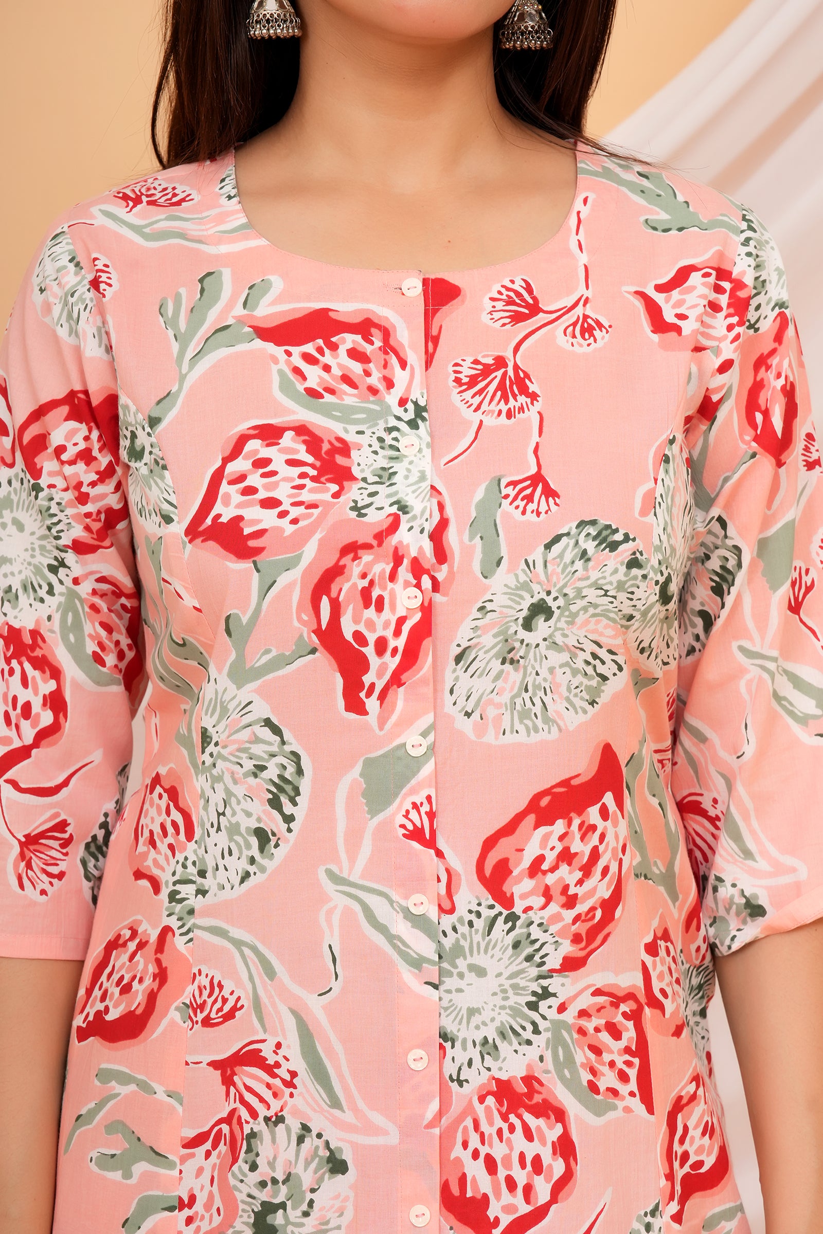 Floral Printed Ladies Traditional Ethnic Wear 3 Pcs Set - Peach with Red Flower