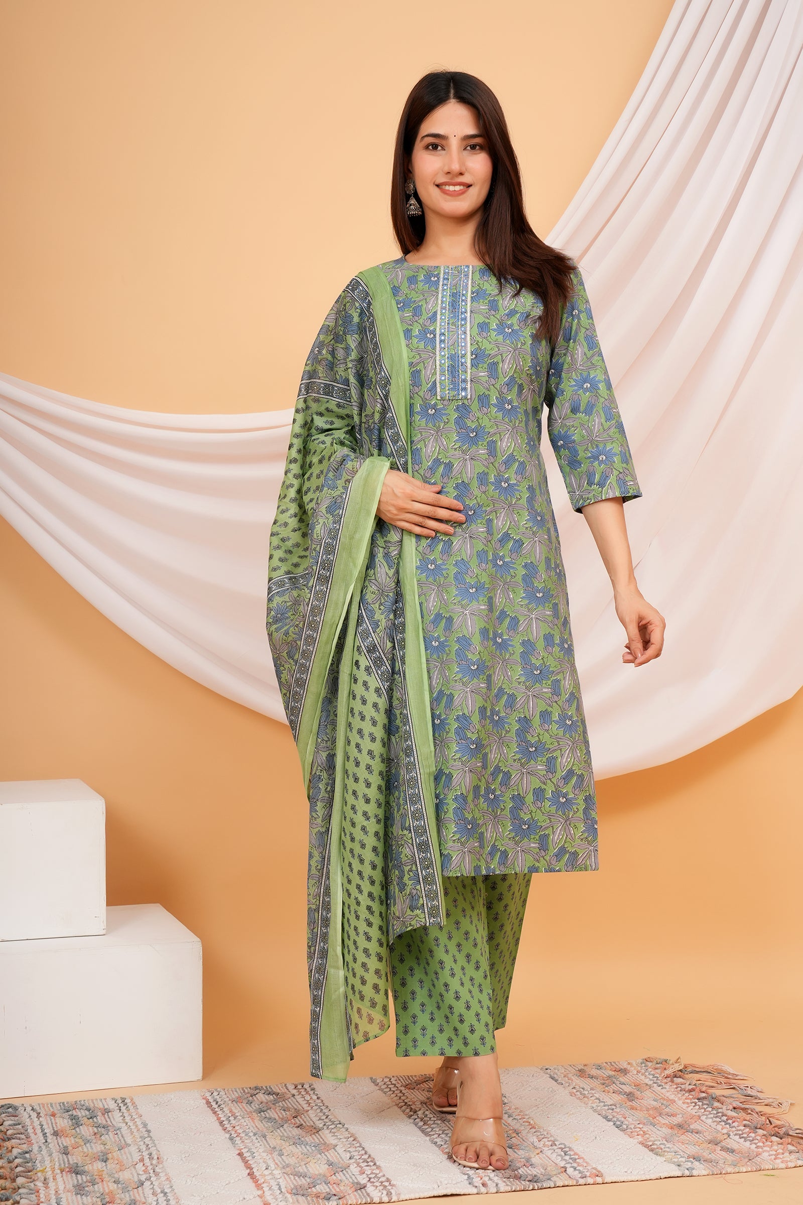 Full Body Flower Printed Traditional Ethnic Wear 3 Pcs Set with Dupatta - Light Olive