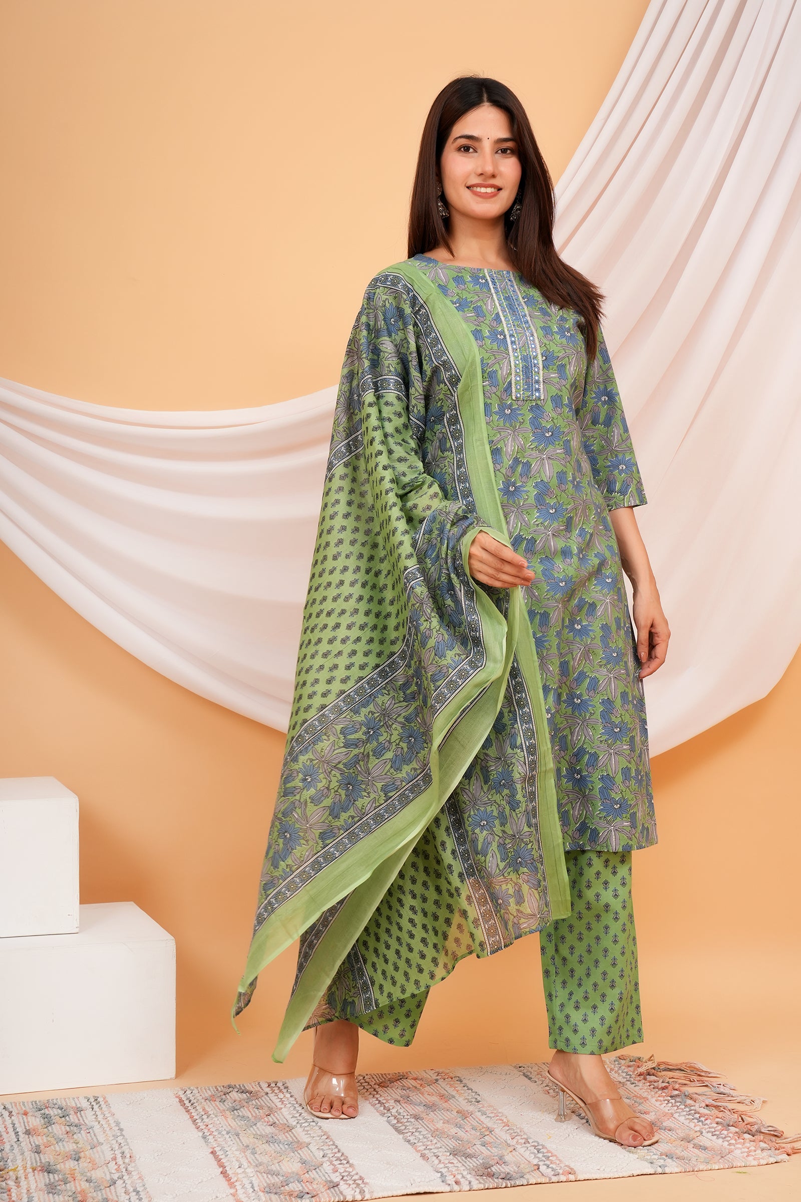 Full Body Flower Printed Traditional Ethnic Wear 3 Pcs Set with Dupatta - Light Olive
