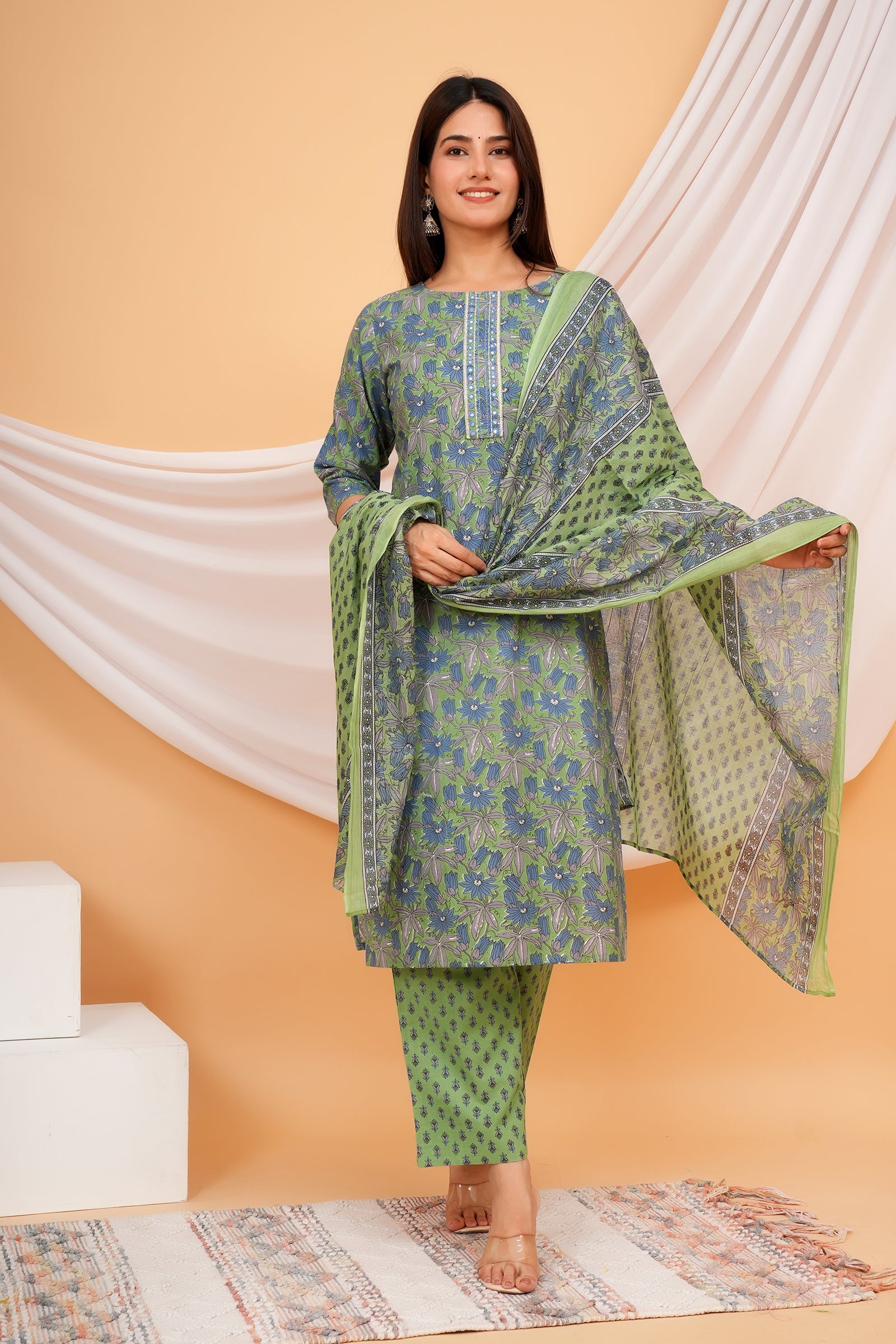 Full Body Flower Printed Traditional Ethnic Wear 3 Pcs Set with Dupatta - Light Olive