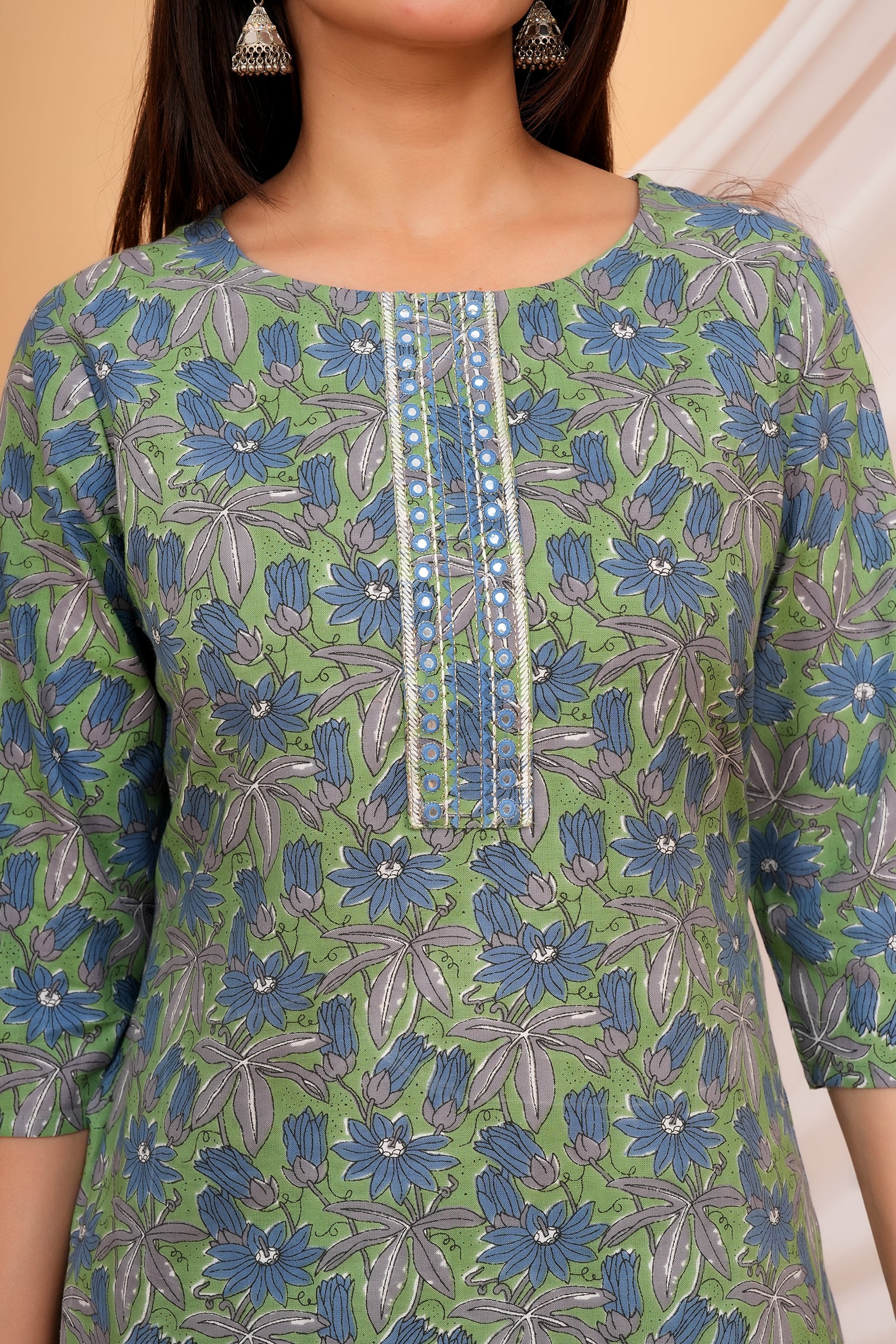 Full Body Flower Printed Traditional Ethnic Wear 3 Pcs Set with Dupatta - Light Olive