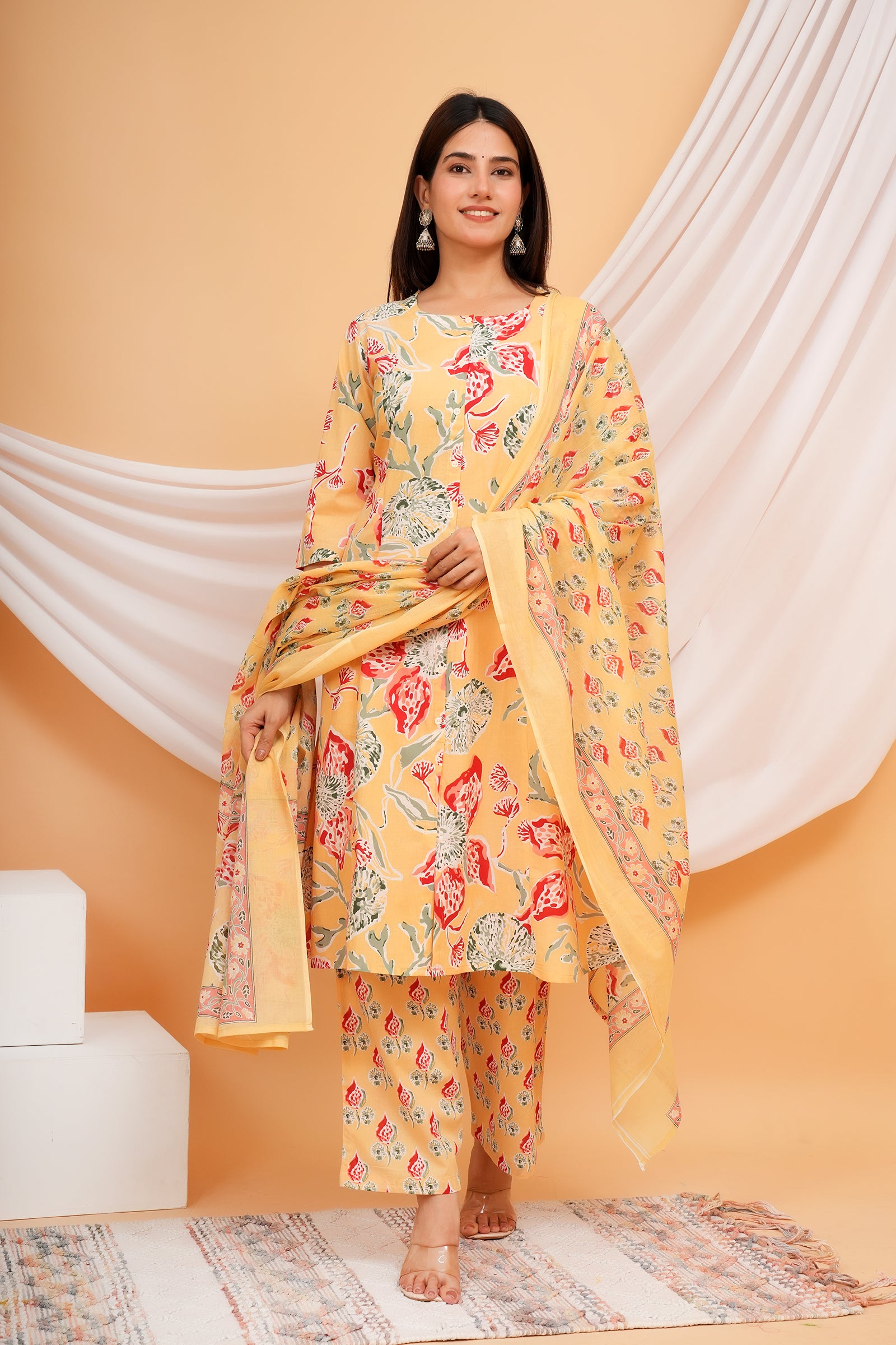 Floral Printed Ladies Traditional Ethnic Wear 3 Pcs Set - Yellow with Red Flower