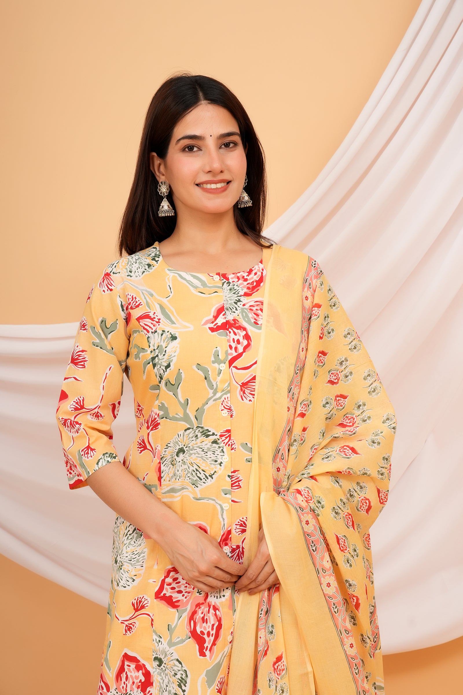 Floral Printed Ladies Traditional Ethnic Wear 3 Pcs Set - Yellow with Red Flower