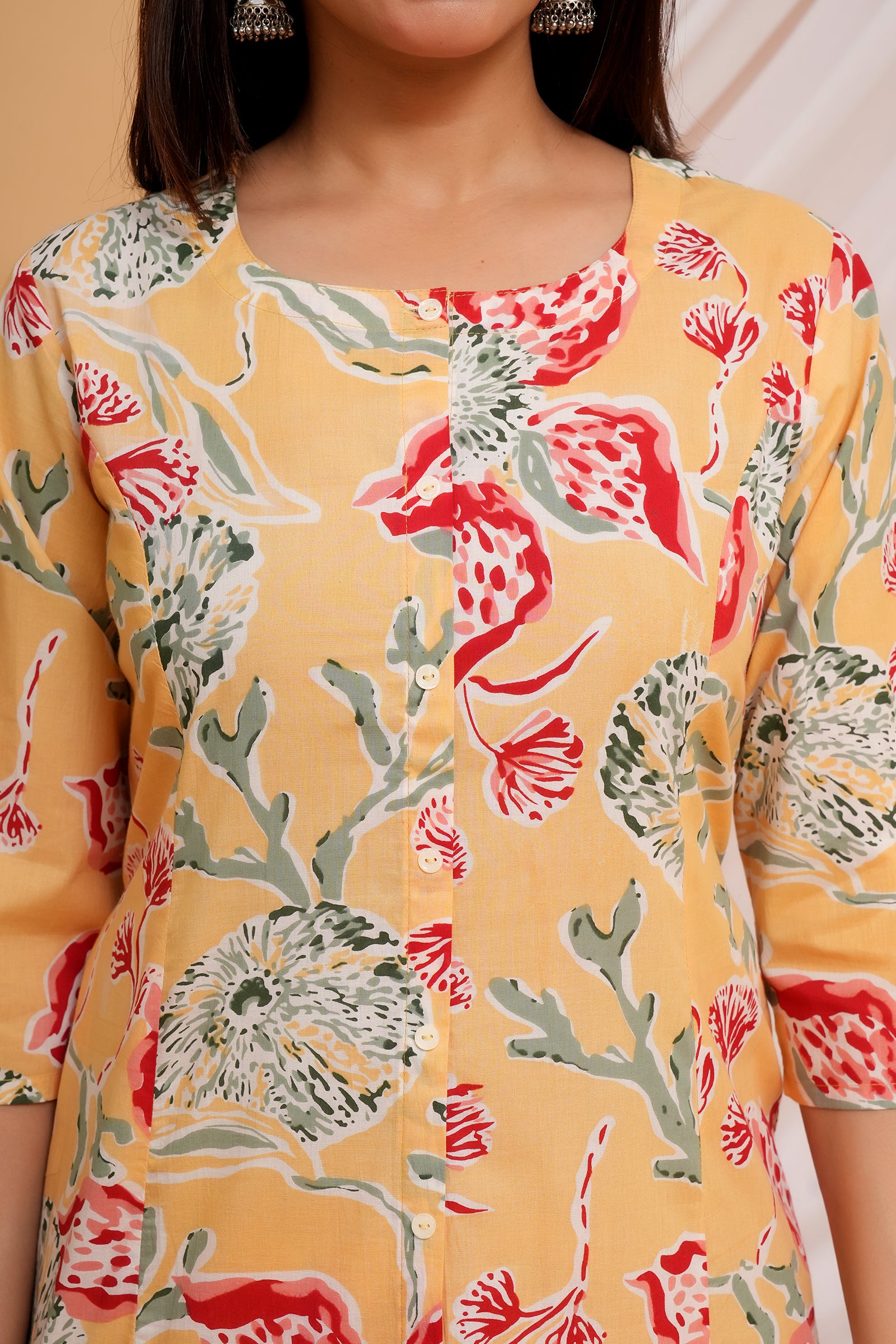 Floral Printed Ladies Traditional Ethnic Wear 3 Pcs Set - Yellow with Red Flower