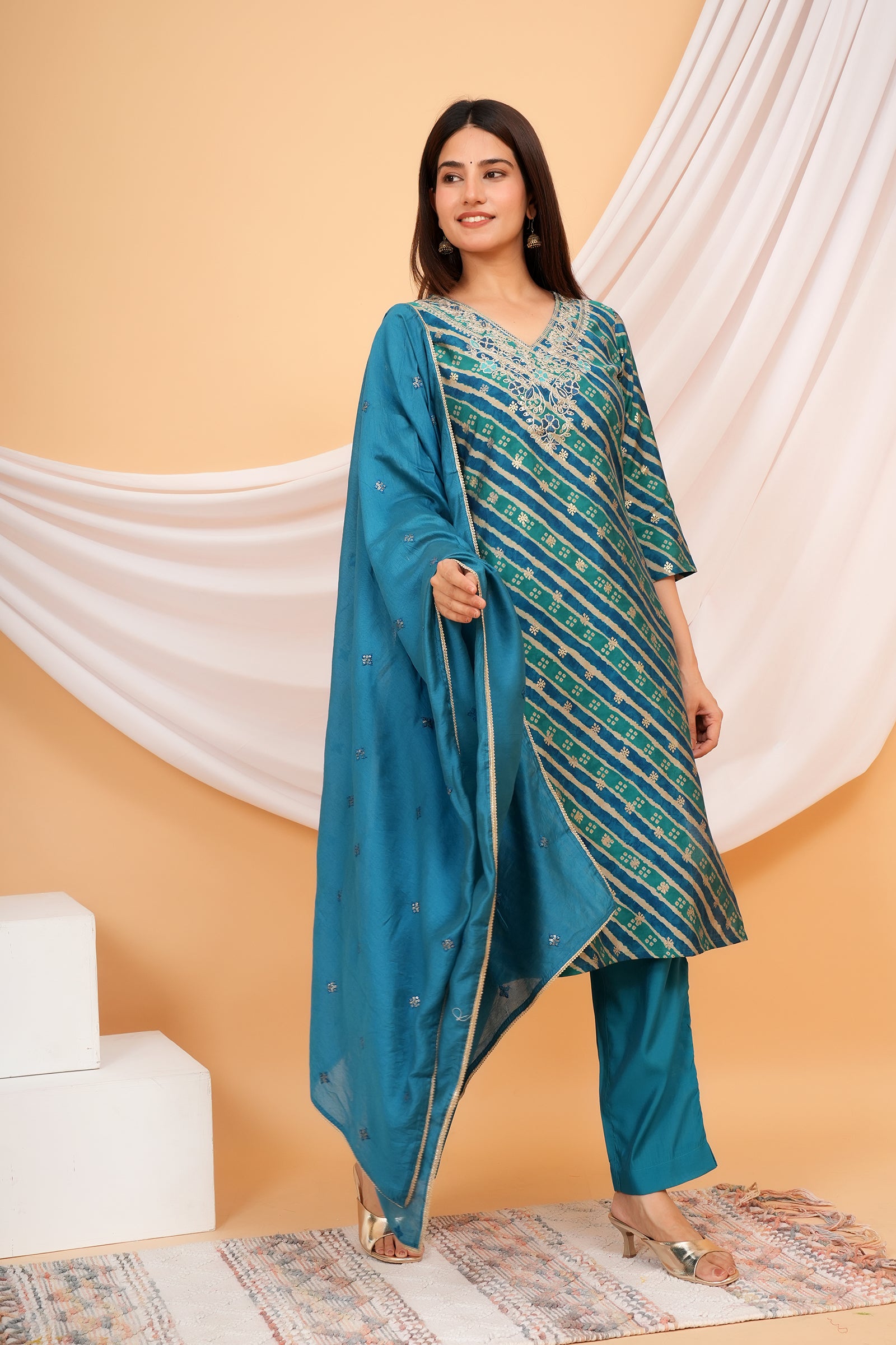 Women's Printed Traditional Ethnic Wear 3 Pcs Set with Embroidered Dupatta - Teal Blue