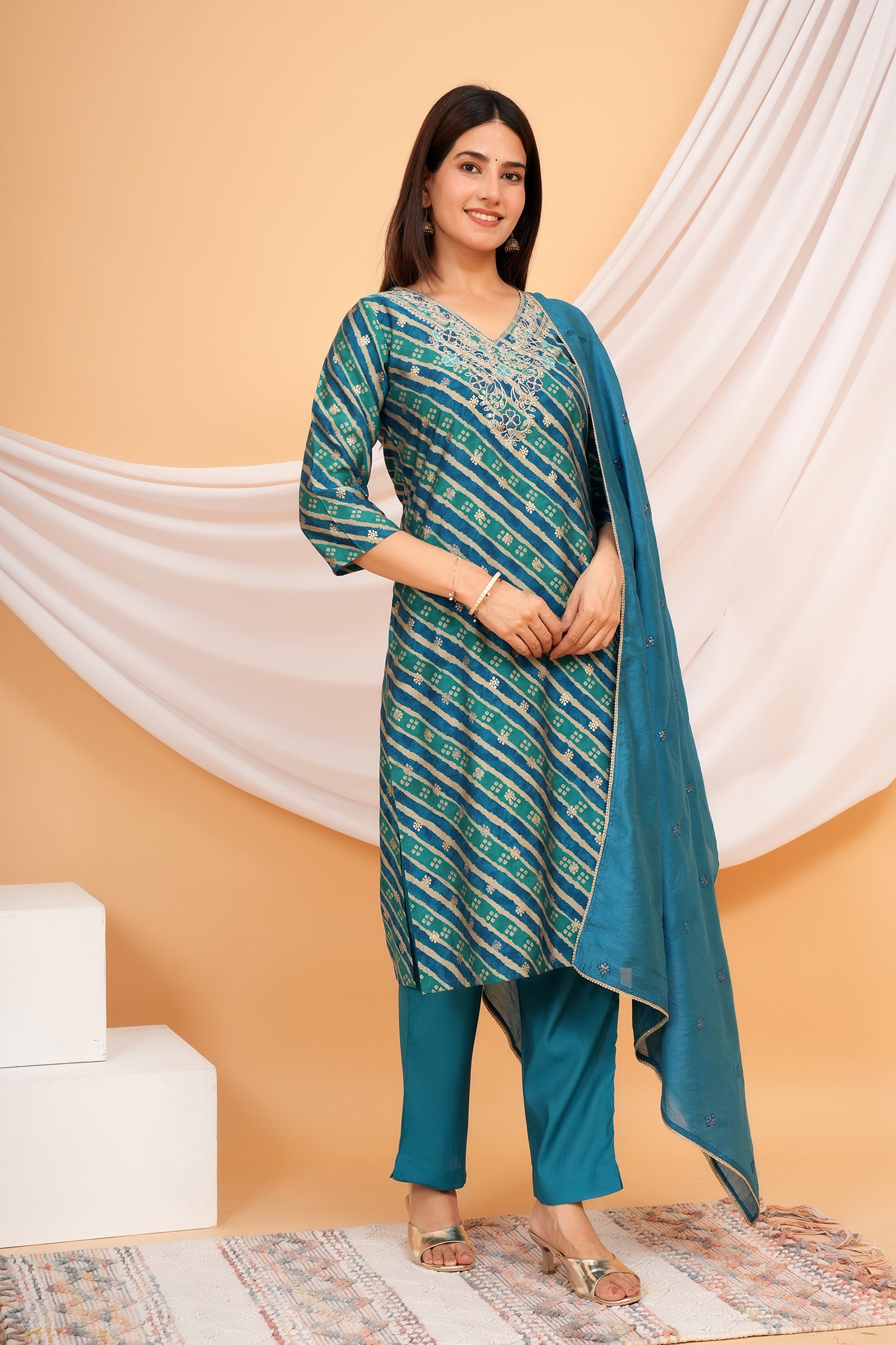 Women's Printed Traditional Ethnic Wear 3 Pcs Set with Embroidered Dupatta - Teal Blue