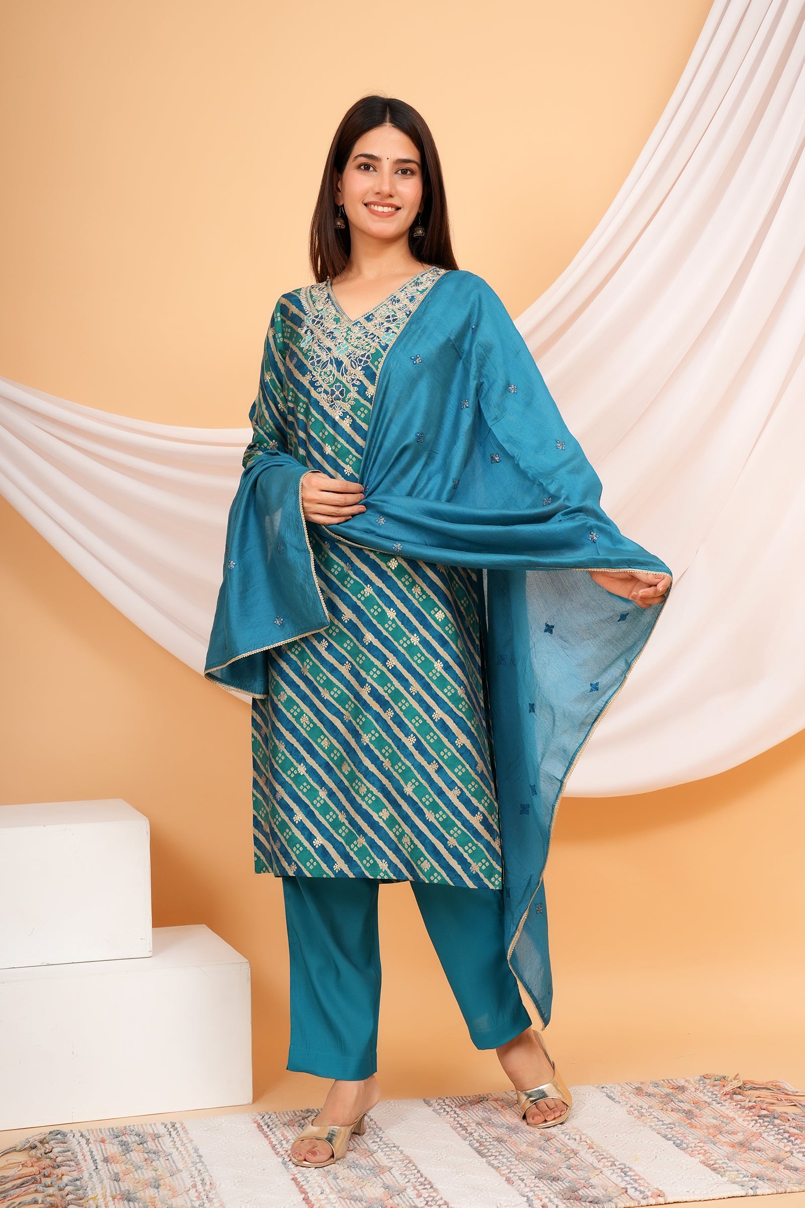 Women's Printed Traditional Ethnic Wear 3 Pcs Set with Embroidered Dupatta - Teal Blue