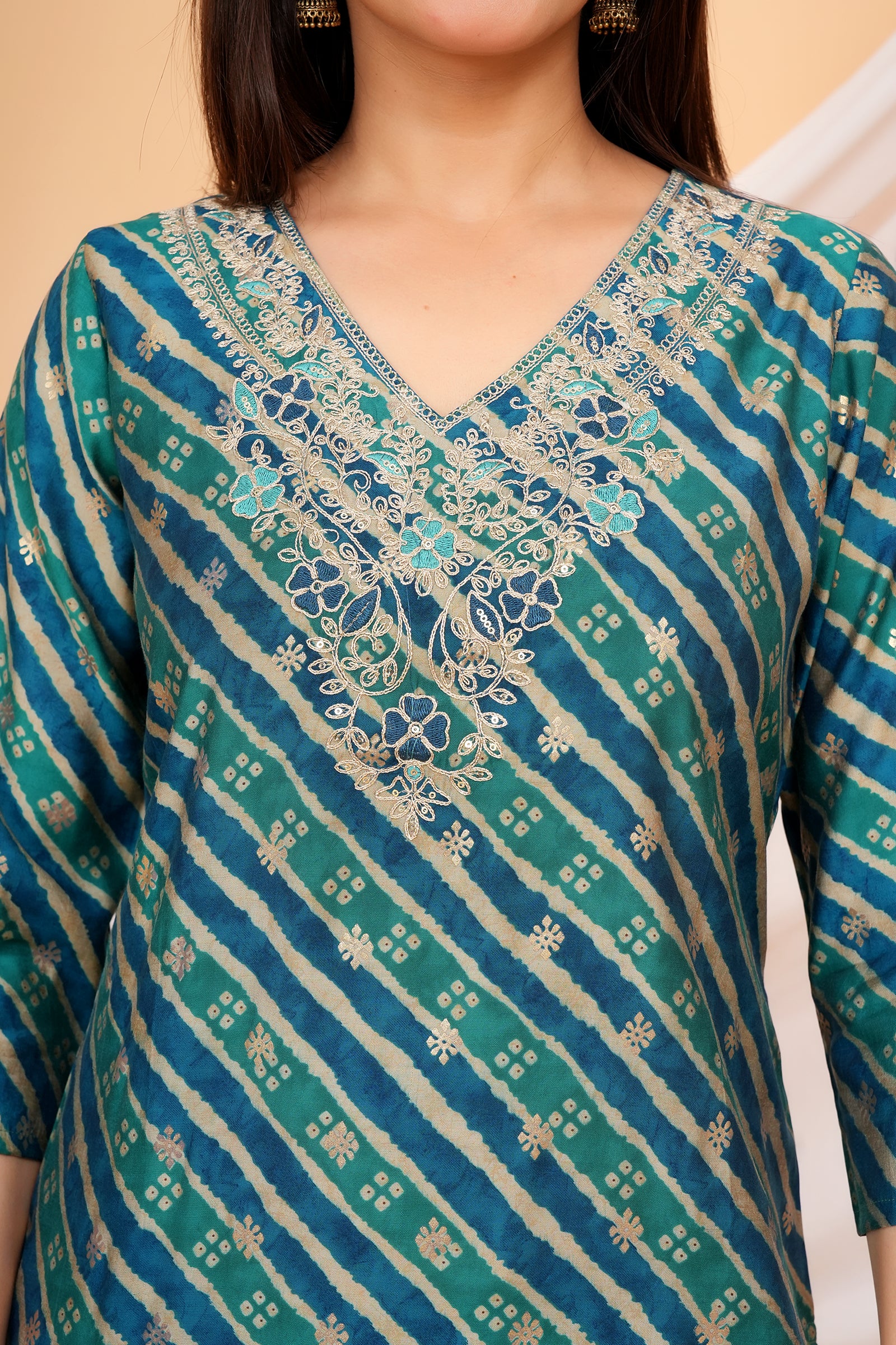 Women's Printed Traditional Ethnic Wear 3 Pcs Set with Embroidered Dupatta - Teal Blue