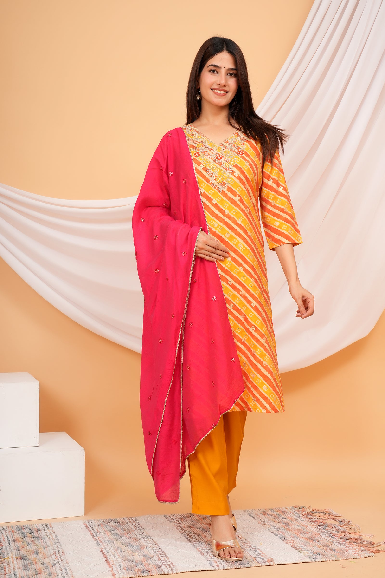 Women's Printed Traditional Ethnic Wear 3 Pcs Set with Embroidered Dupatta - Orange & Pink