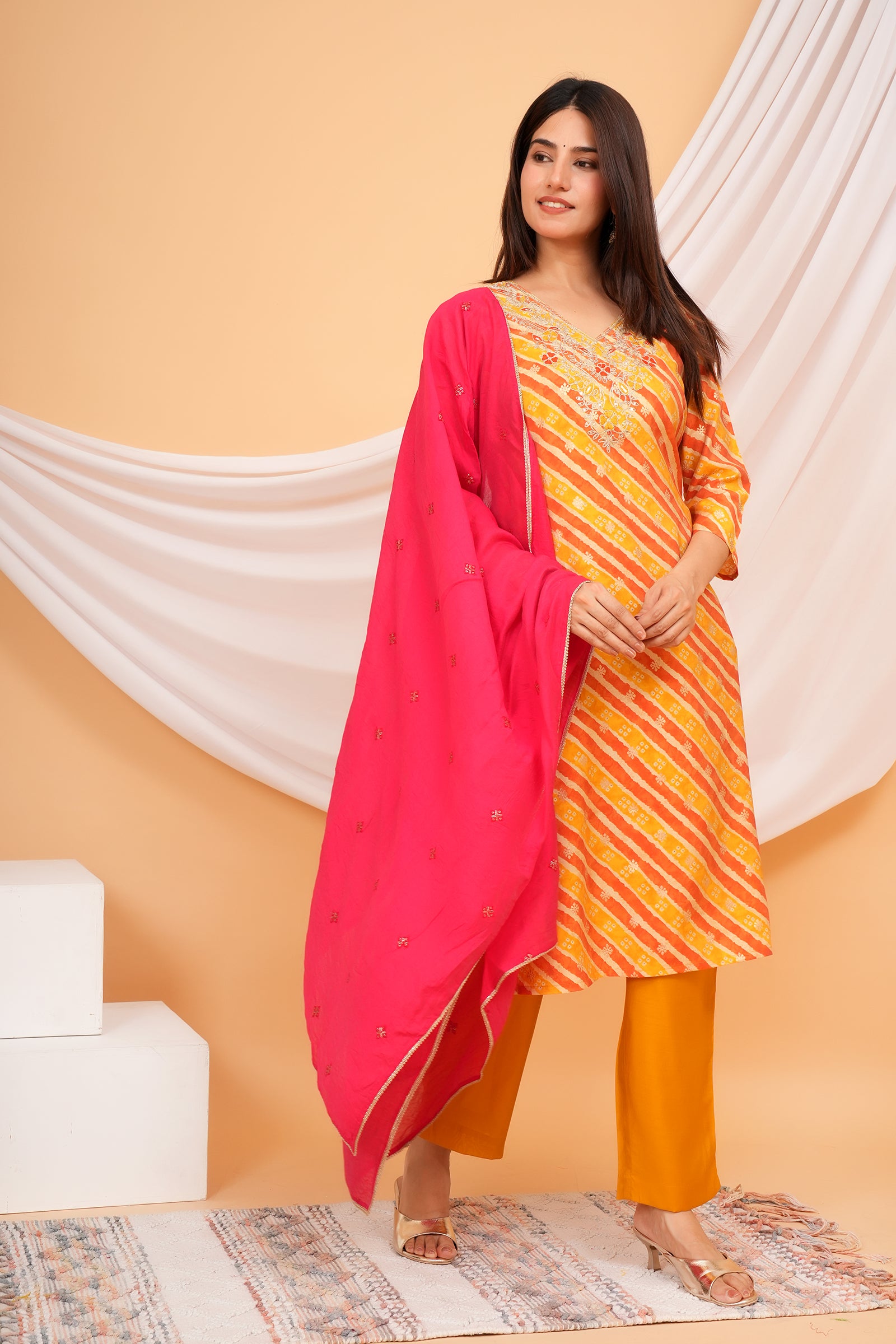 Women's Printed Traditional Ethnic Wear 3 Pcs Set with Embroidered Dupatta - Orange & Pink