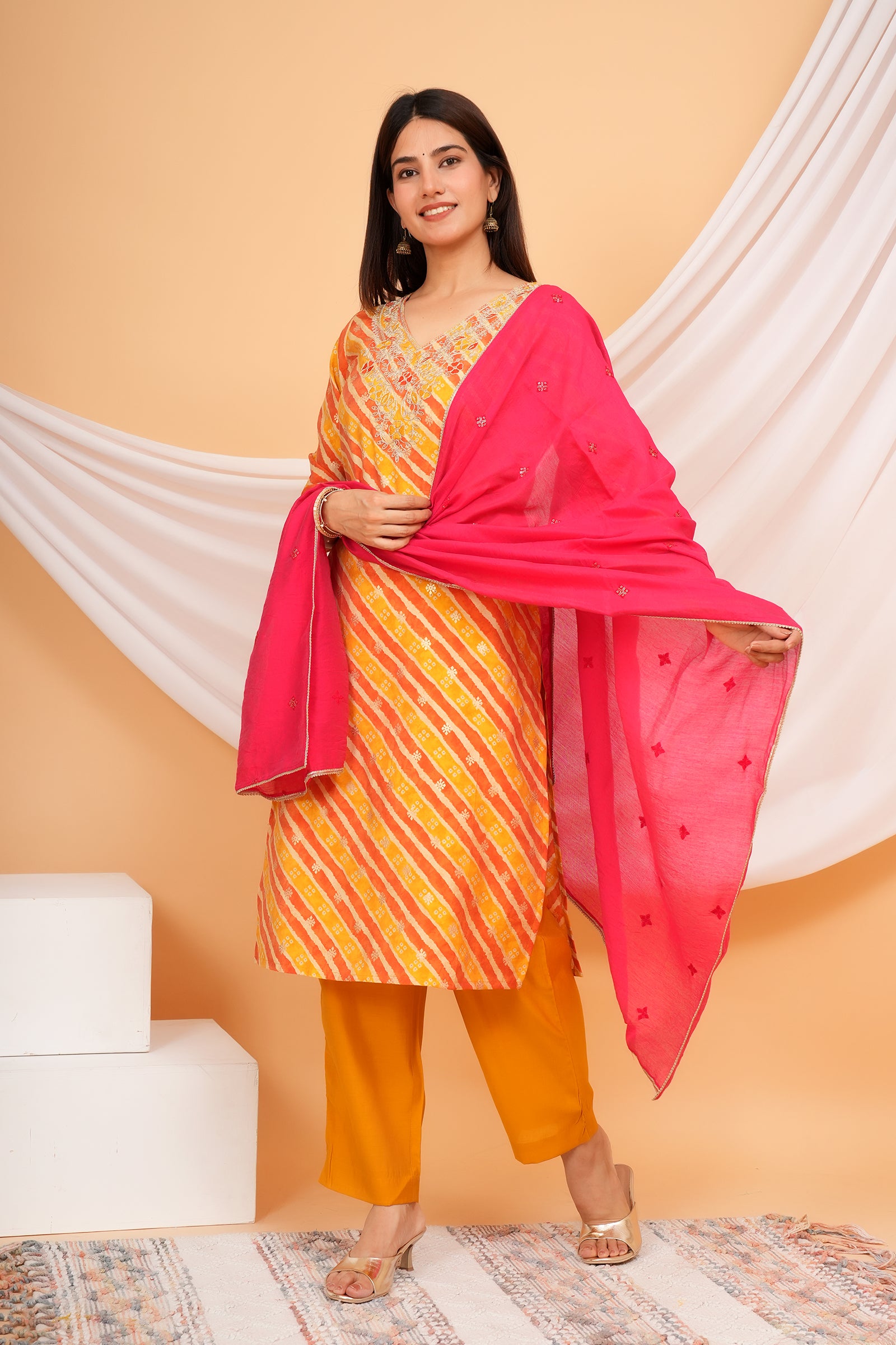 Women's Printed Traditional Ethnic Wear 3 Pcs Set with Embroidered Dupatta - Orange & Pink