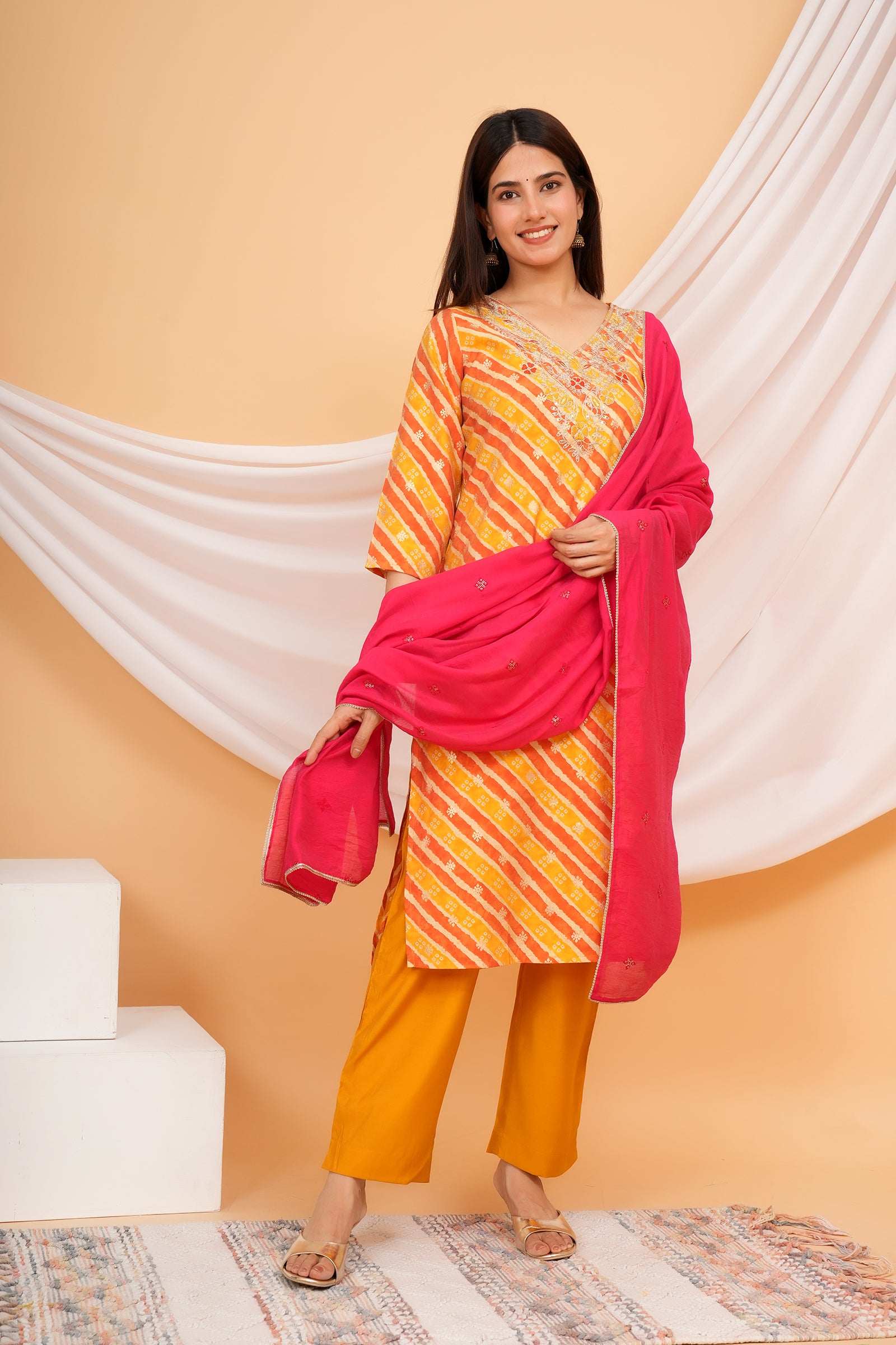 Women's Printed Traditional Ethnic Wear 3 Pcs Set with Embroidered Dupatta - Orange & Pink