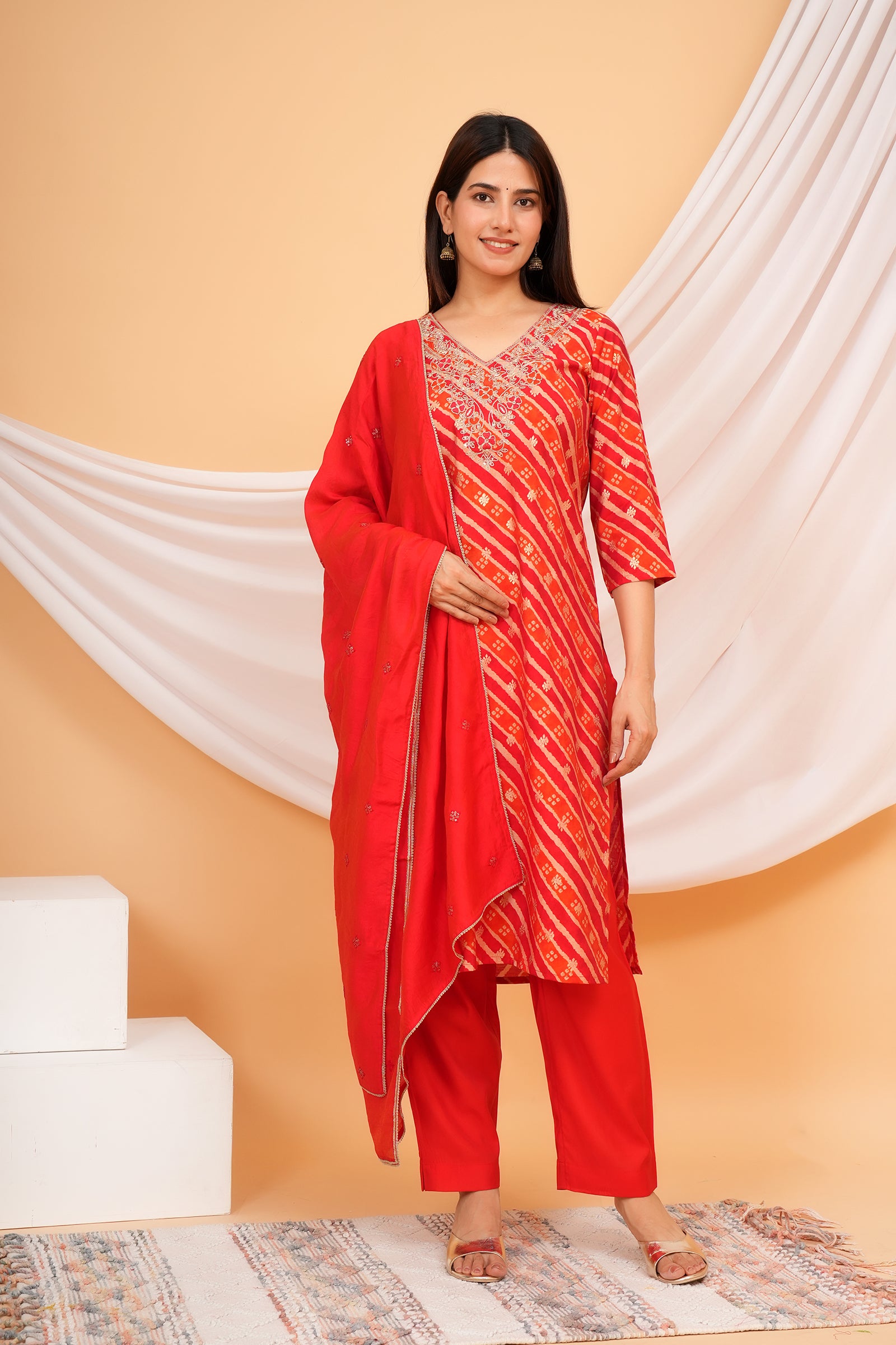Women's Printed Traditional Ethnic Wear 3 Pcs Set with Embroidered Dupatta - Red