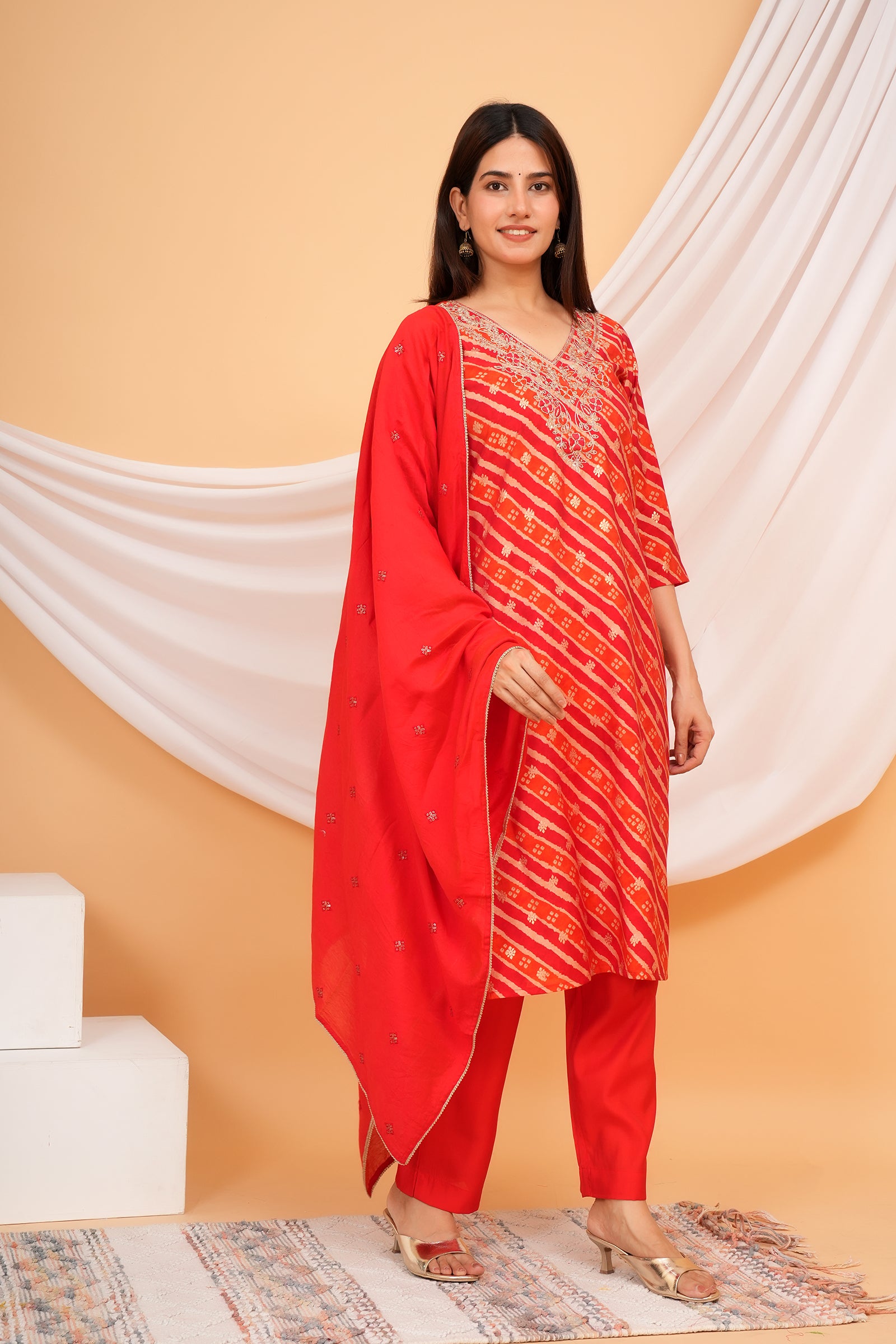 Women's Printed Traditional Ethnic Wear 3 Pcs Set with Embroidered Dupatta - Red