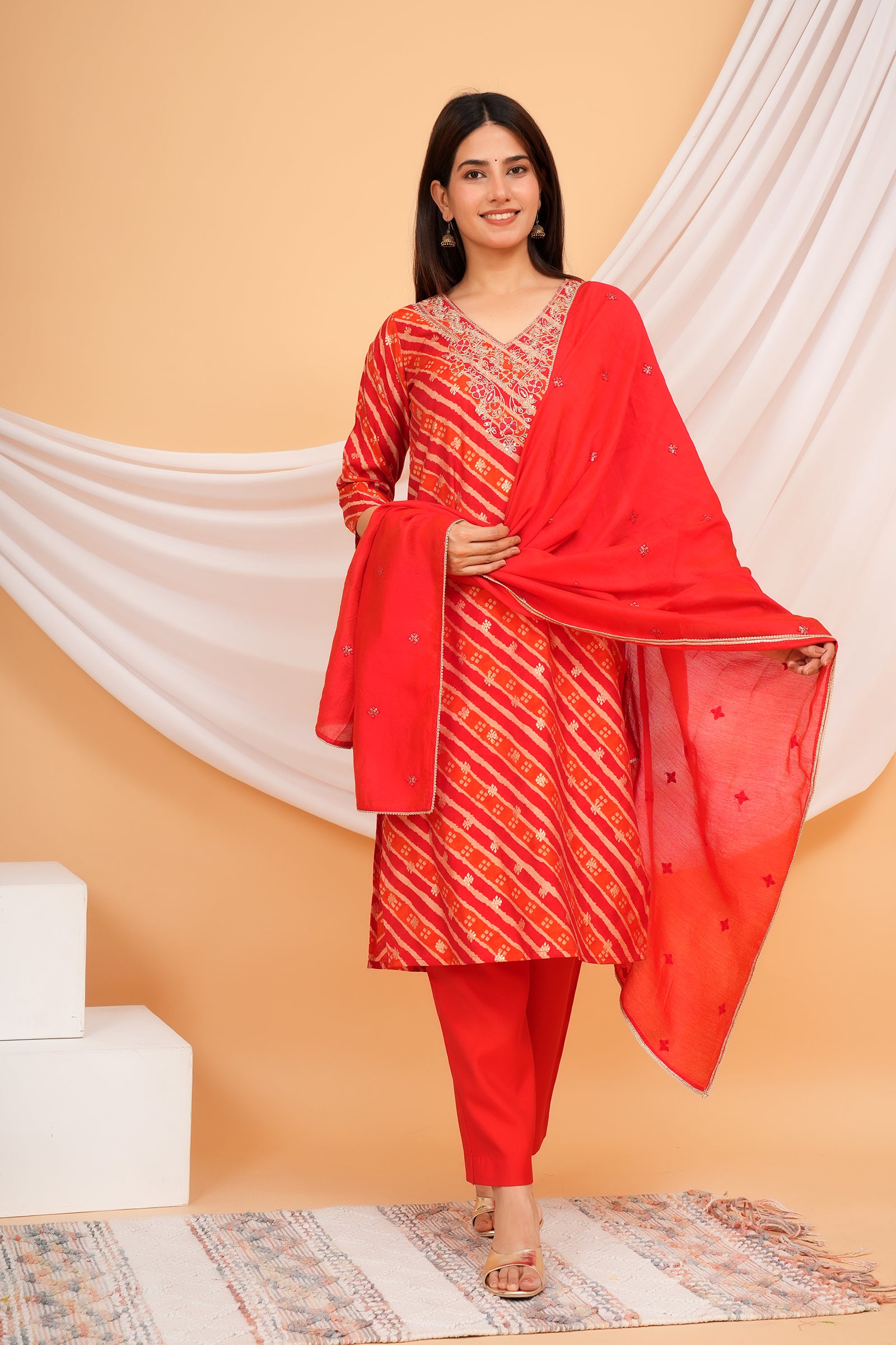 Women's Printed Traditional Ethnic Wear 3 Pcs Set with Embroidered Dupatta - Red