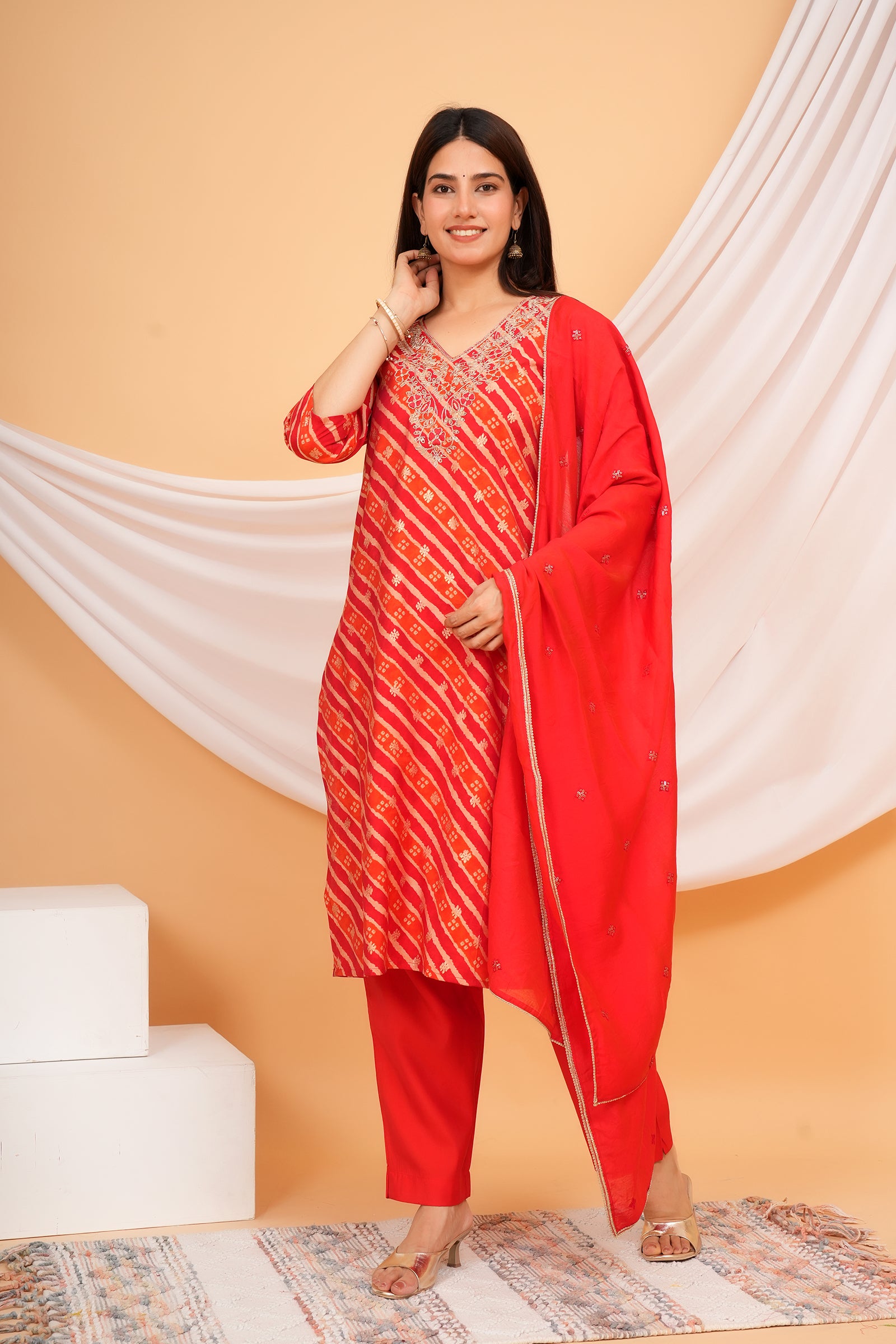 Women's Printed Traditional Ethnic Wear 3 Pcs Set with Embroidered Dupatta - Red
