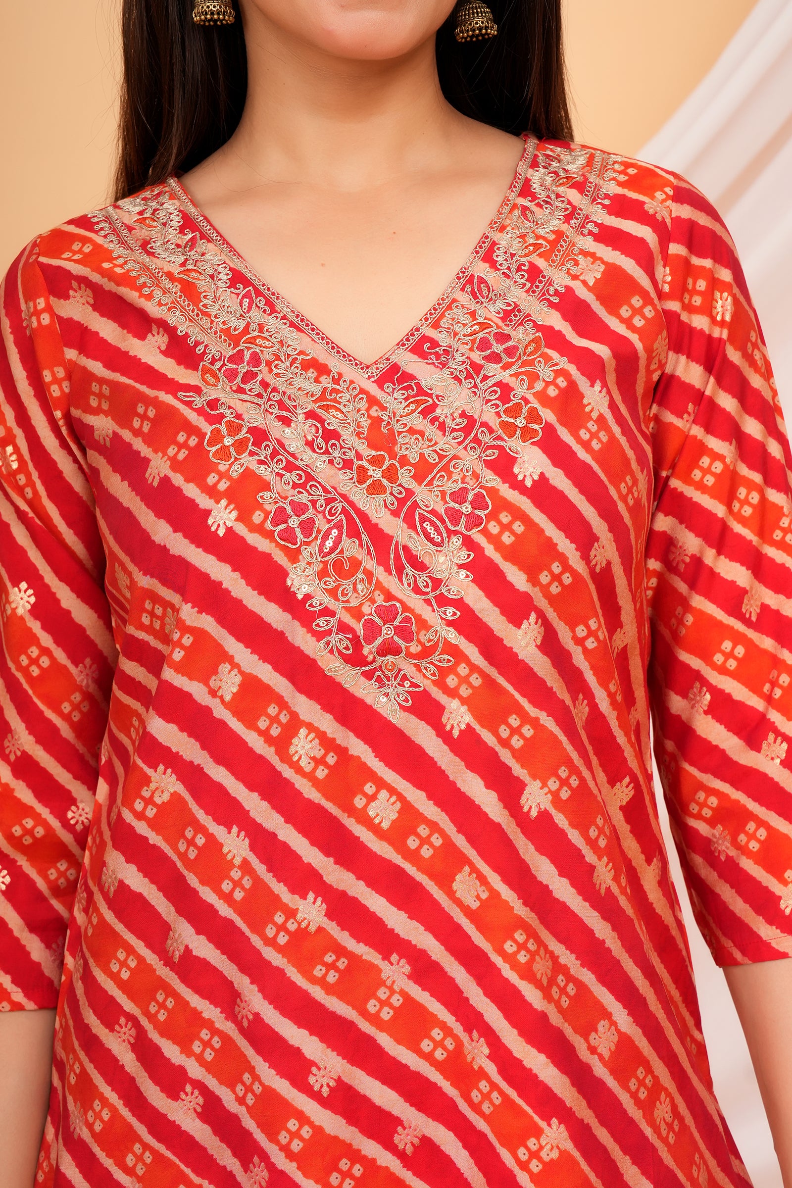 Women's Printed Traditional Ethnic Wear 3 Pcs Set with Embroidered Dupatta - Red
