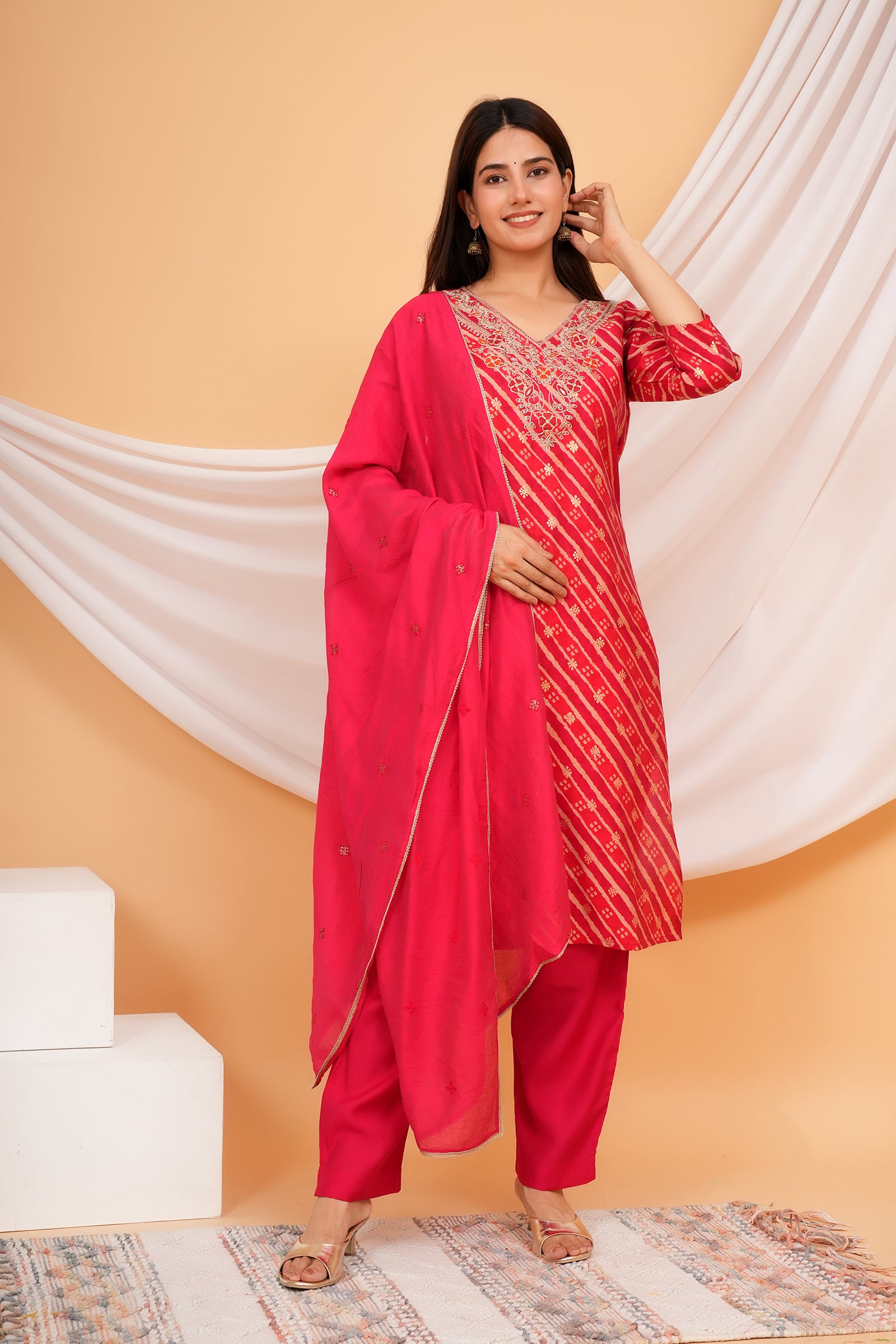 Women's Printed Traditional Ethnic Wear 3 Pcs Set with Embroidered Dupatta - Rani Pink
