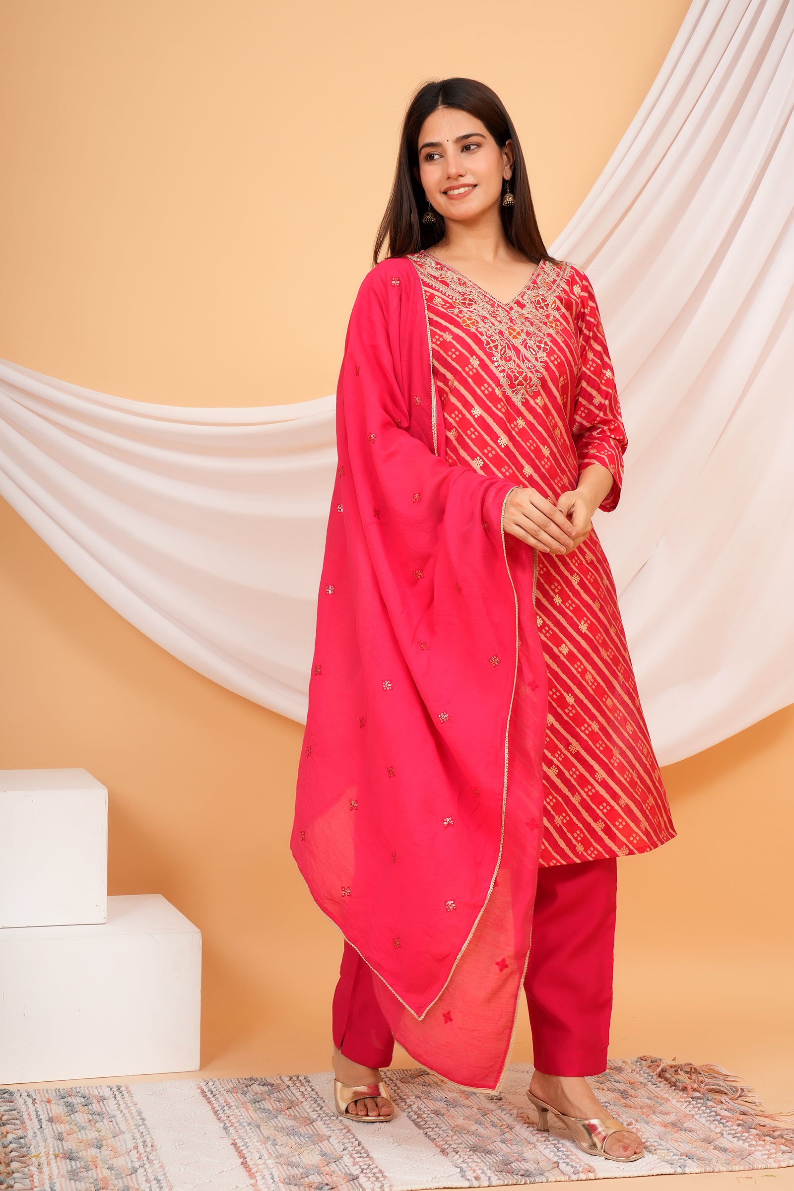 Women's Printed Traditional Ethnic Wear 3 Pcs Set with Embroidered Dupatta - Rani Pink