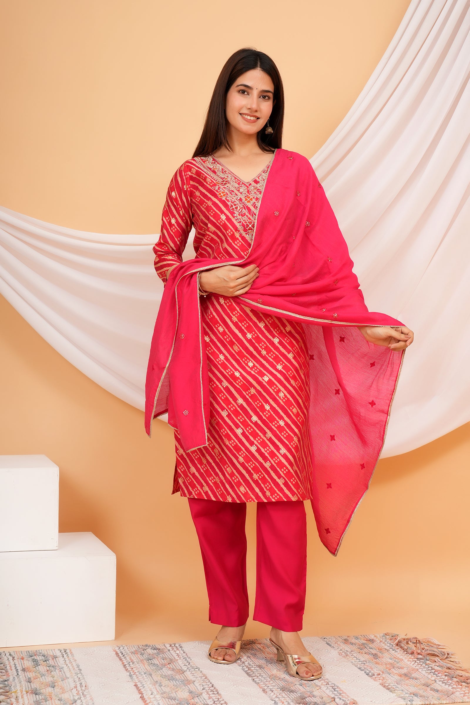 Women's Printed Traditional Ethnic Wear 3 Pcs Set with Embroidered Dupatta - Rani Pink