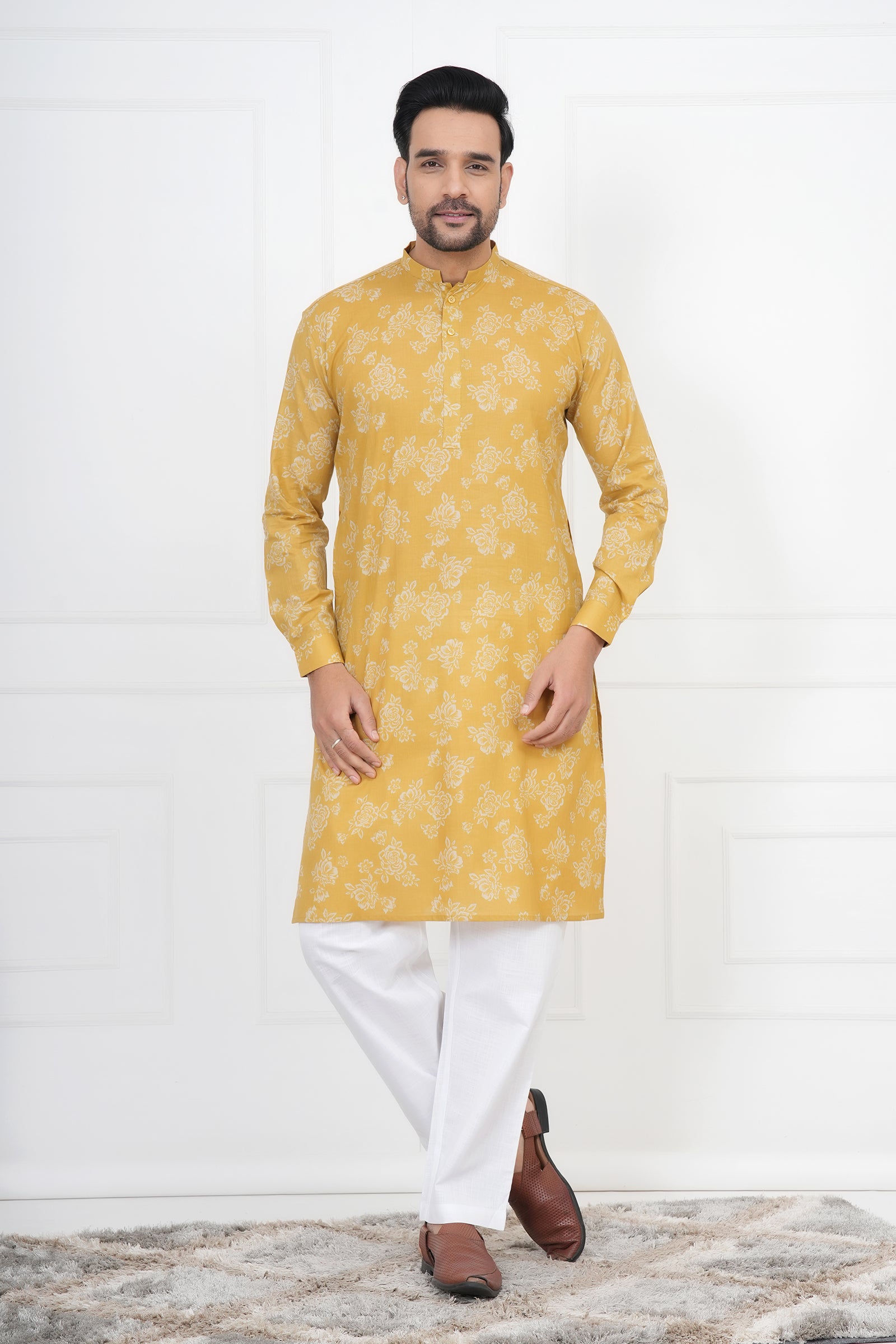 Yellow Men Flower Printed Cotton Kurti