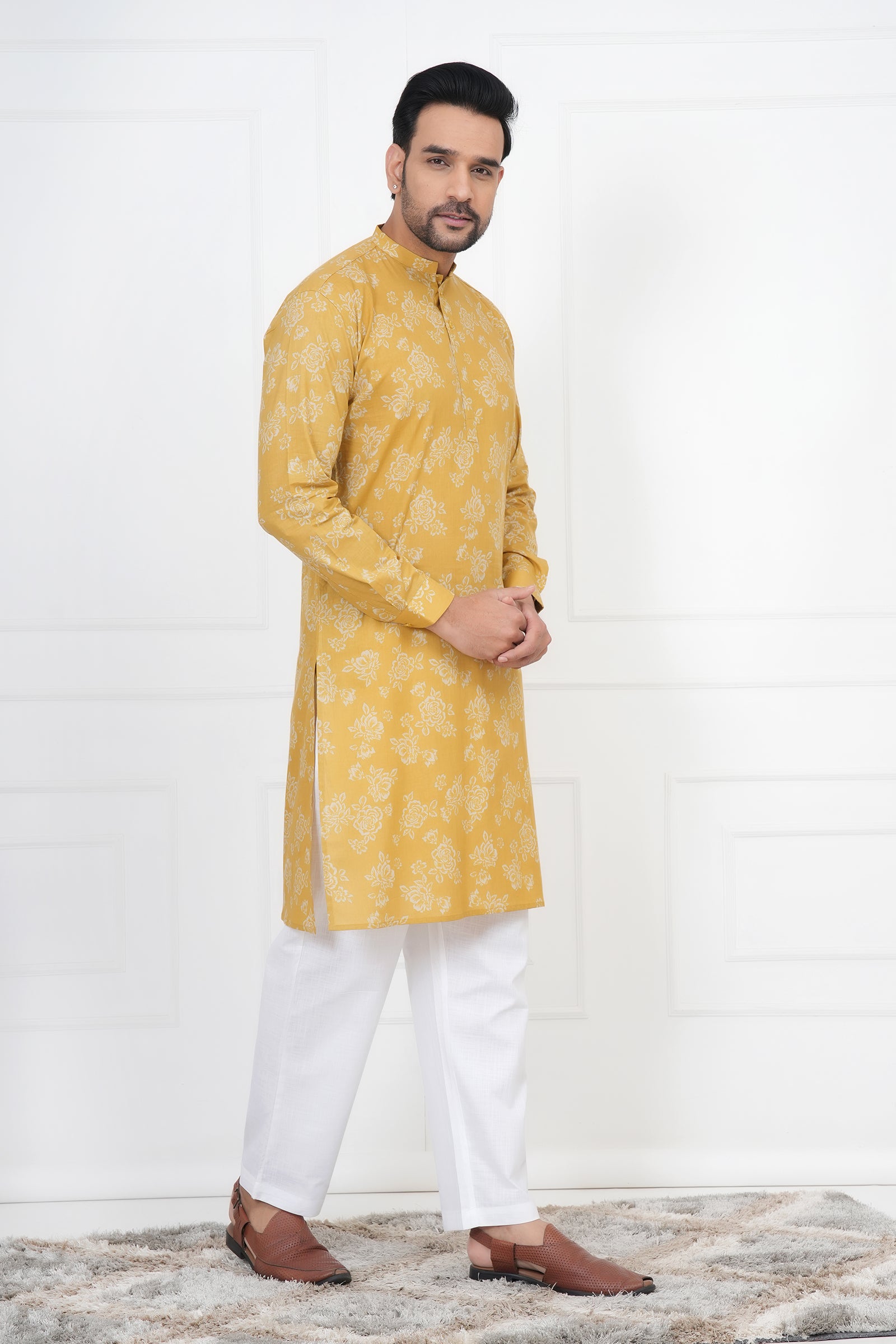Yellow Men Flower Printed Cotton Kurti