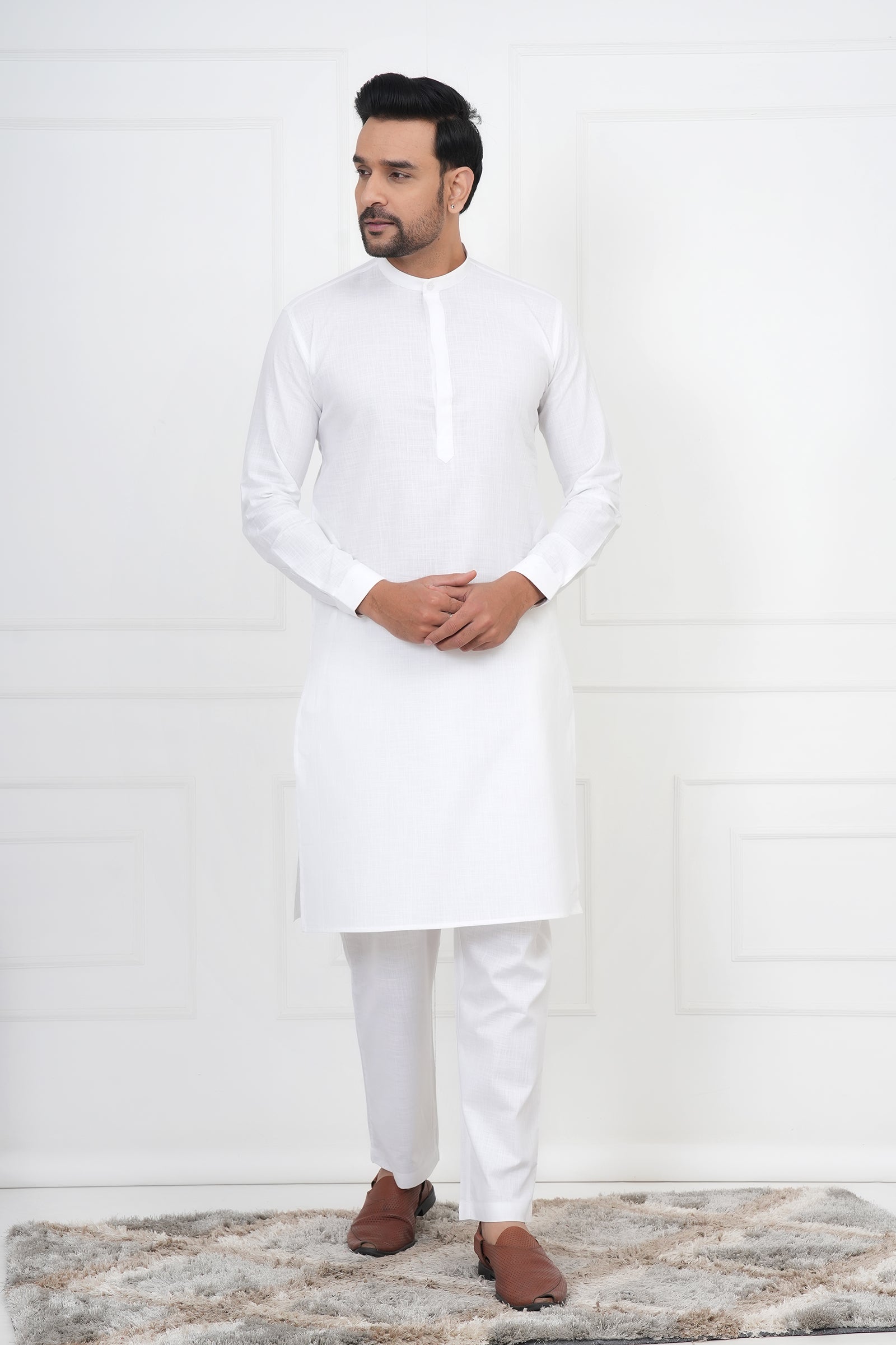 White Solid Color Cotton Kurta For Men