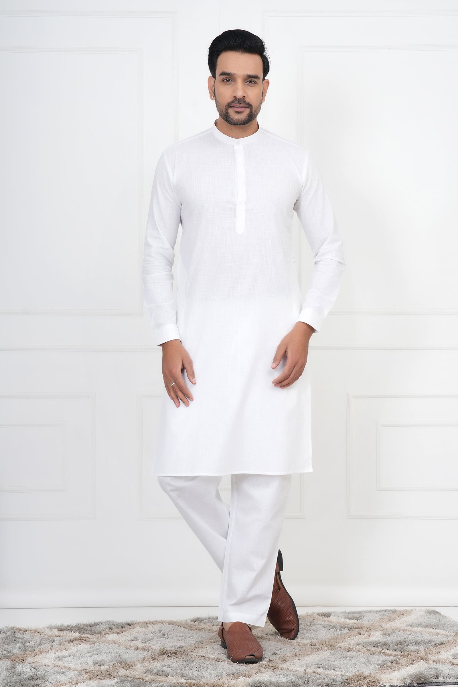 White Solid Color Cotton Kurta For Men