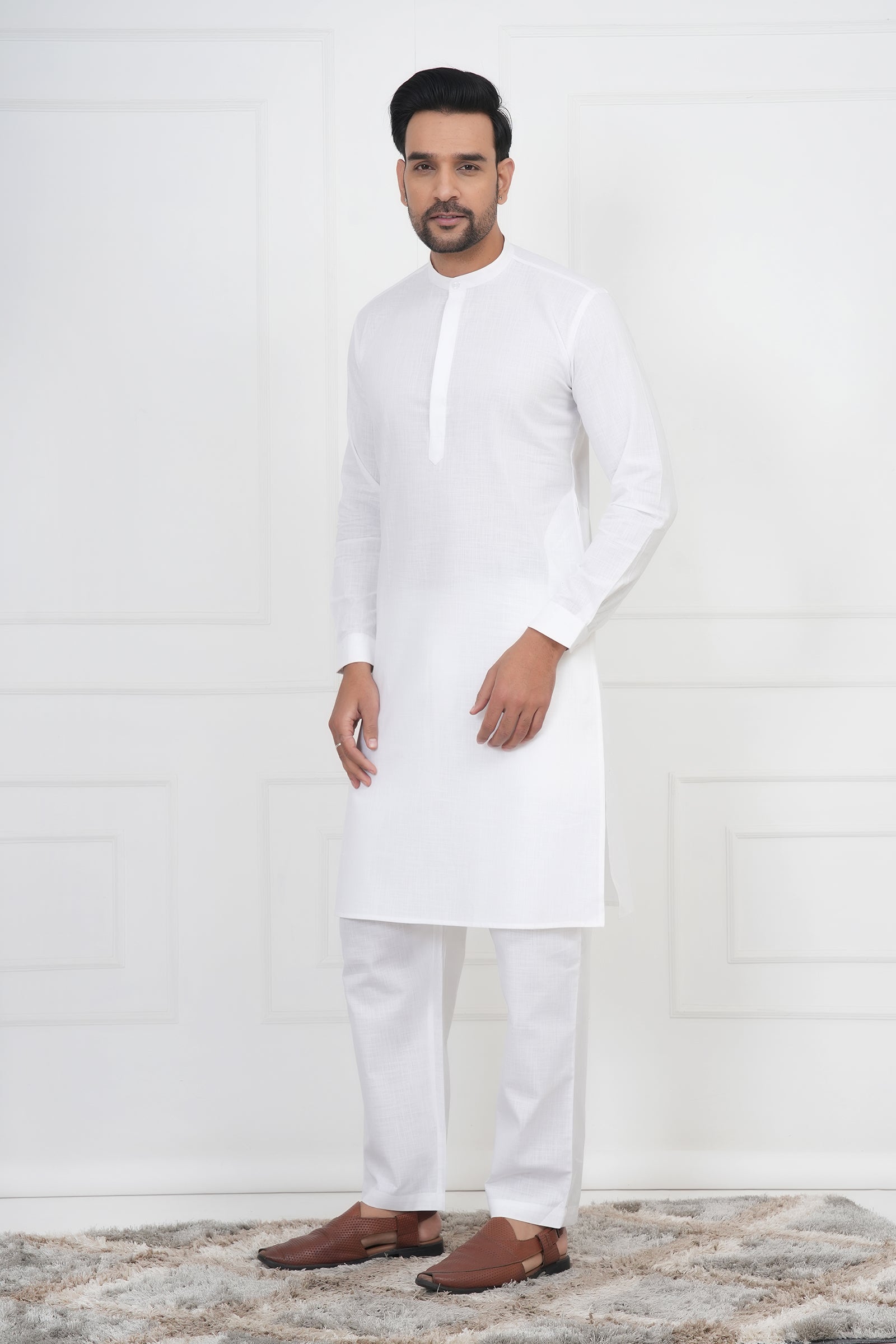 White Solid Color Cotton Kurta For Men