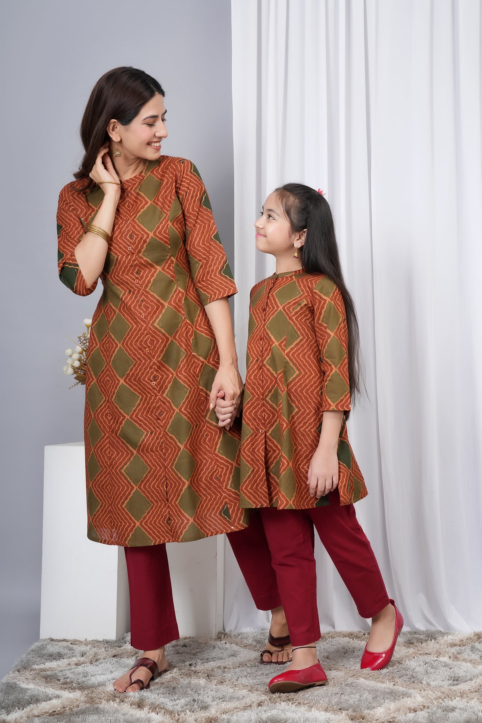 Traditional Printed Burfi Pattern A-Line Kurti Maa Beti Duo - Rusty Brown