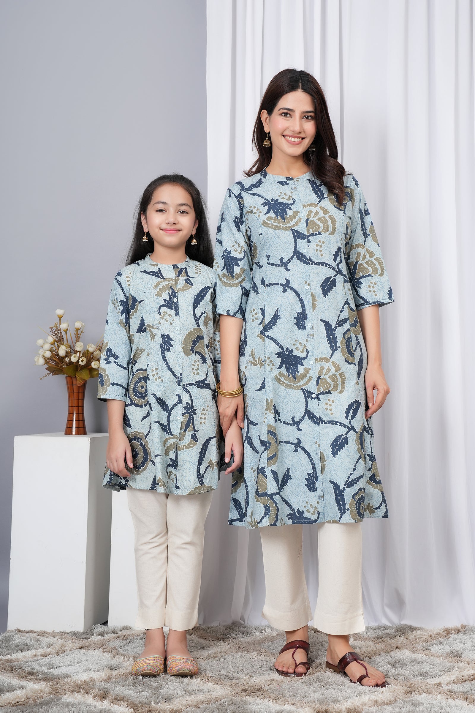 Flower Pattern Printed A-Line Ethnic Kurti Maa Beti Duo - Sky Blue