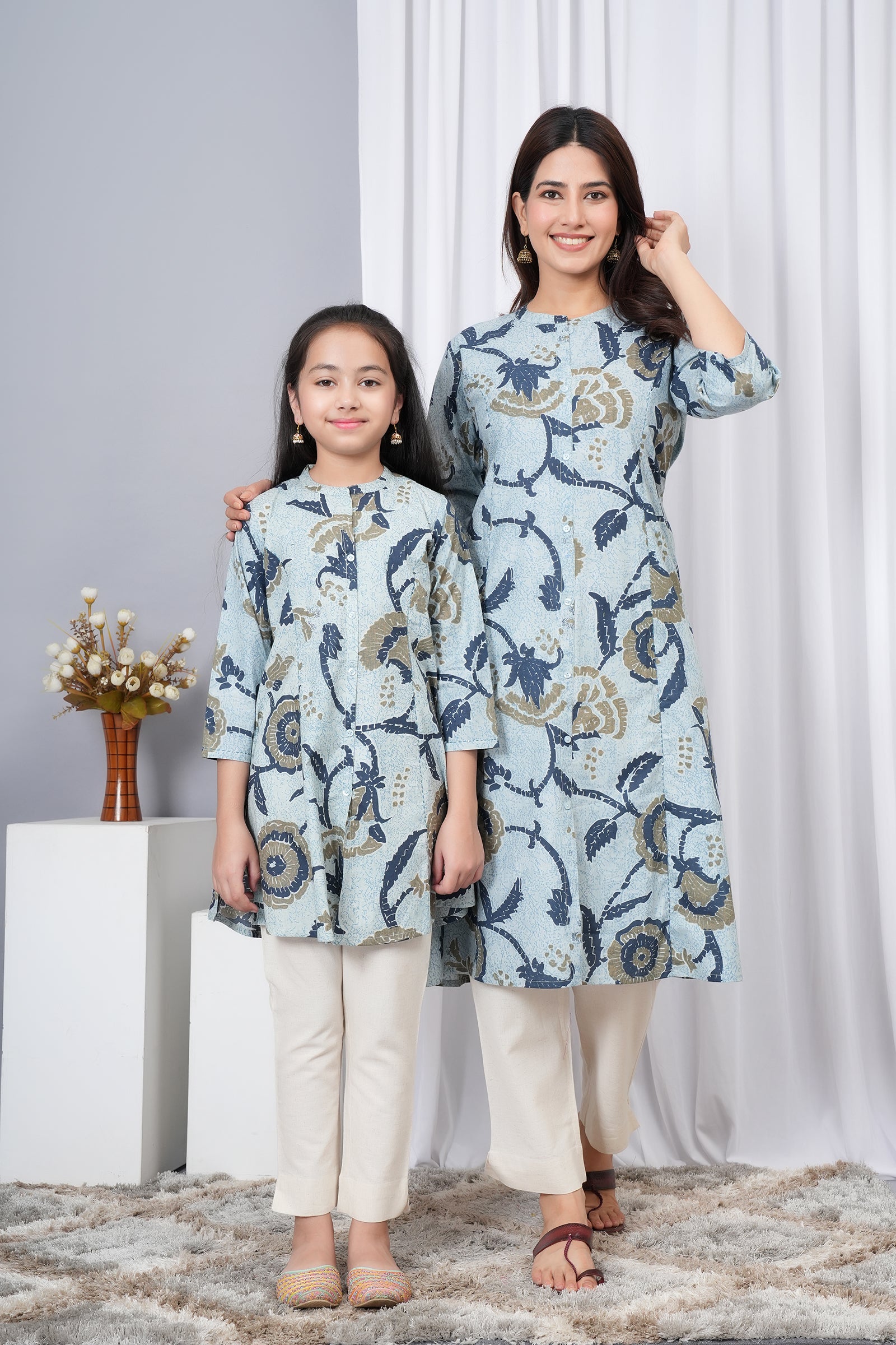 Flower Pattern Printed A-Line Ethnic Kurti Maa Beti Duo - Sky Blue