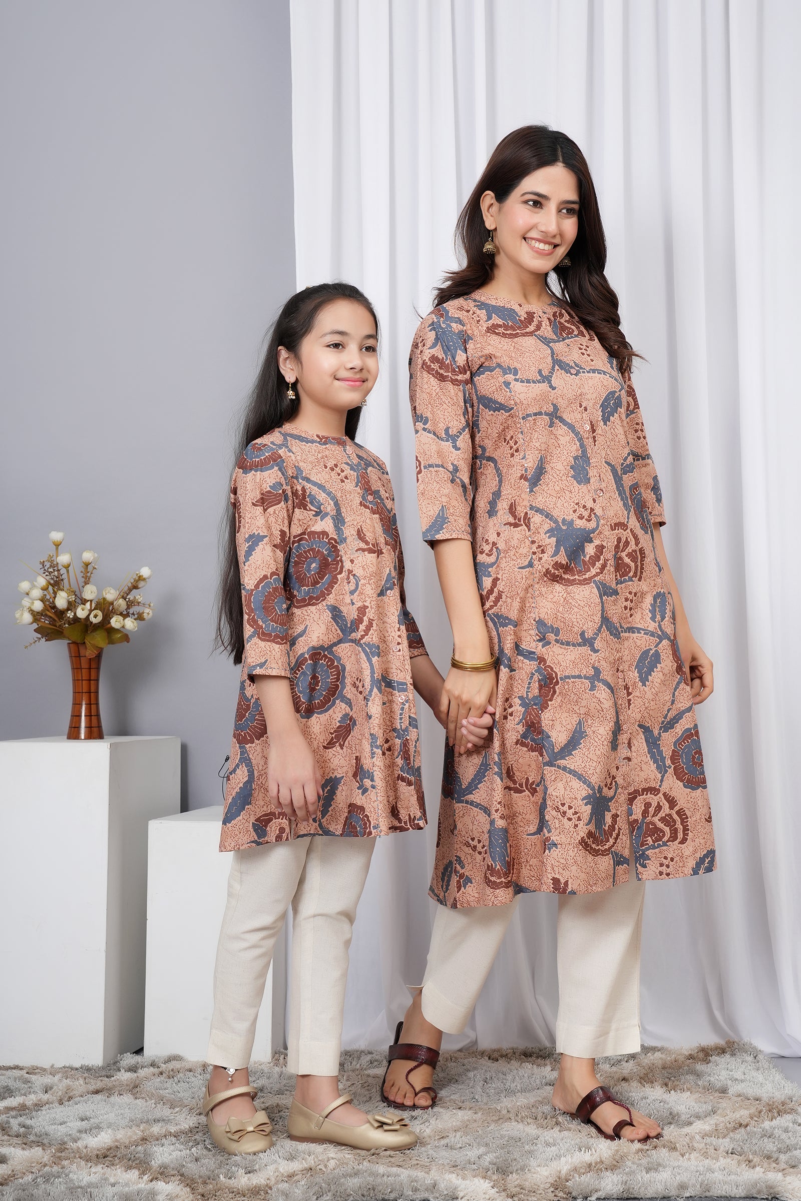 Flower Pattern Printed A-Line Ethnic Kurti Maa Beti Duo - Peach