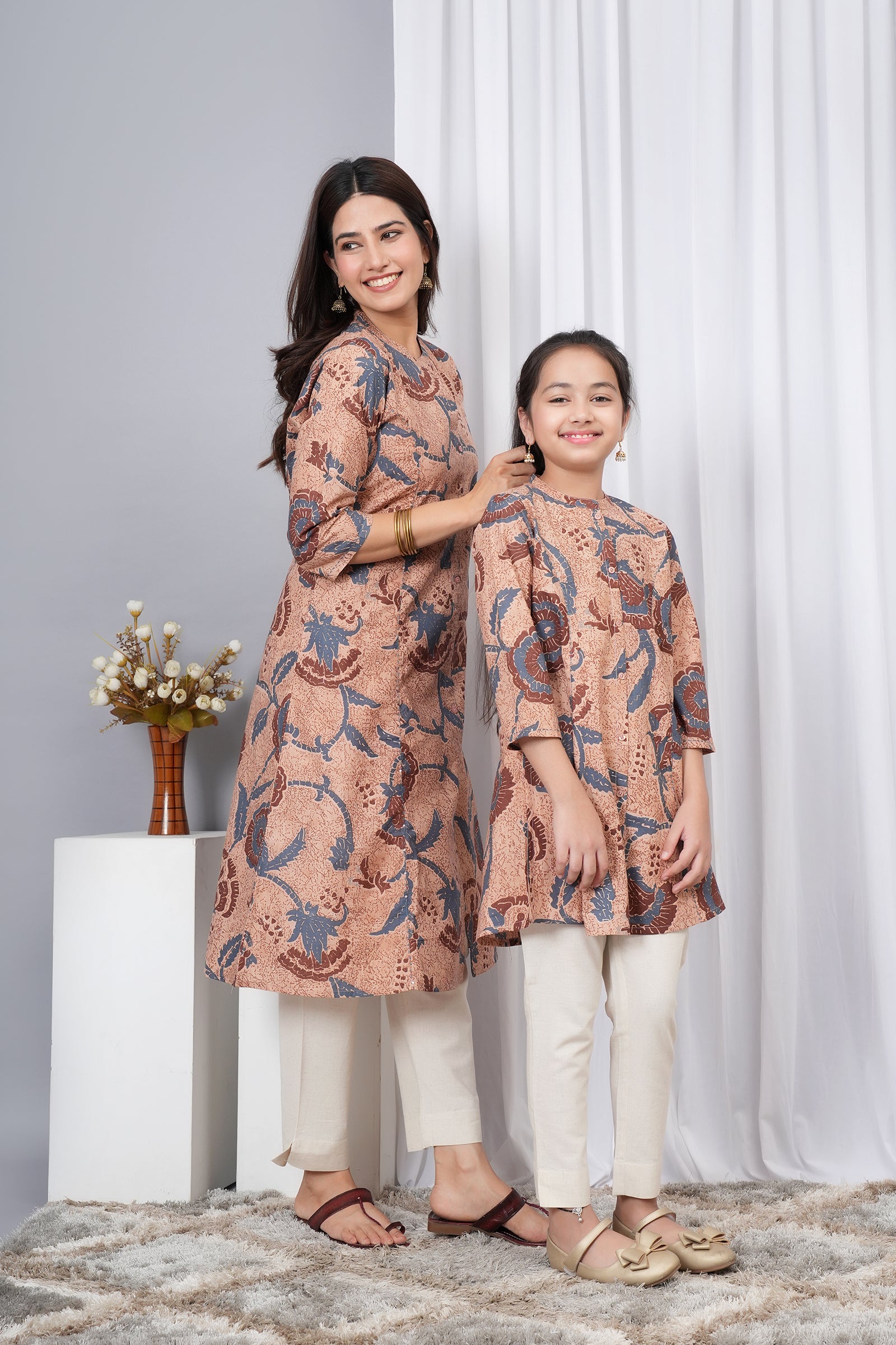 Flower Pattern Printed A-Line Ethnic Kurti Maa Beti Duo - Peach
