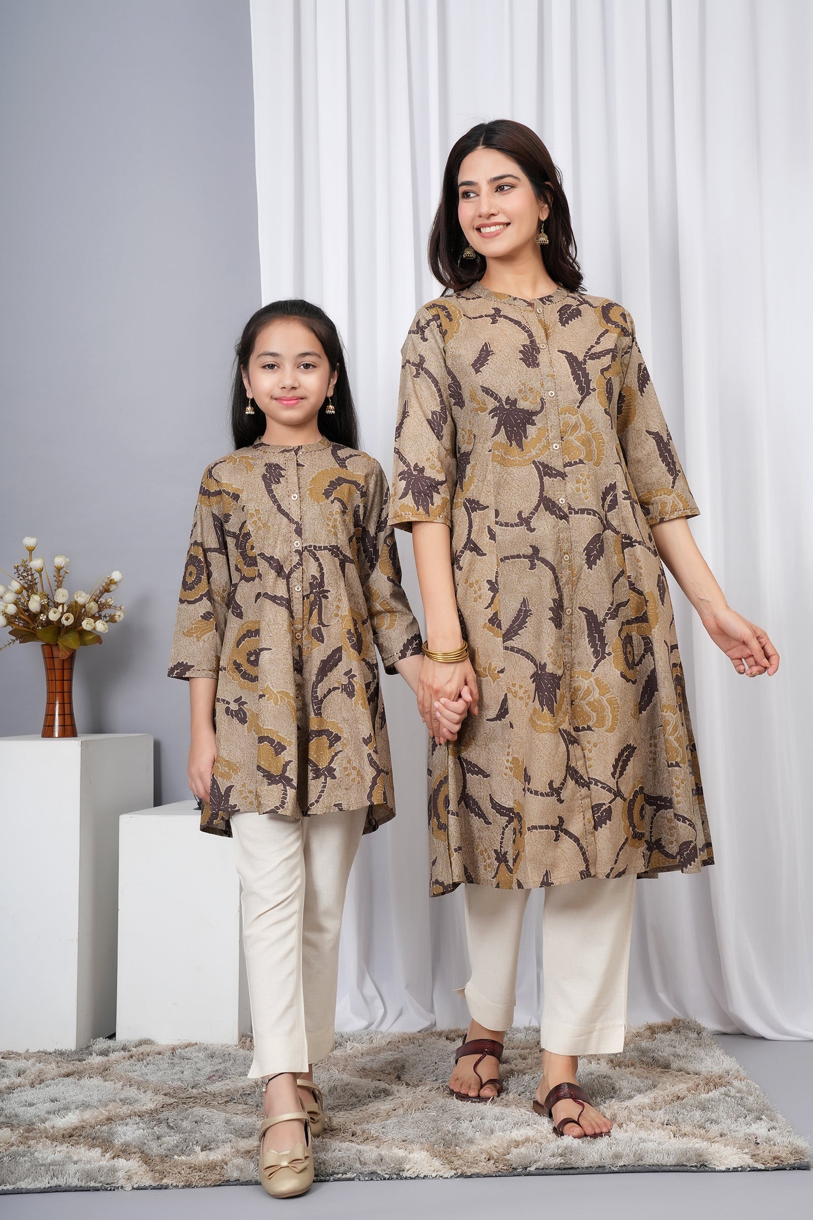 Flower Pattern Printed A-Line Ethnic Kurti Maa Beti Duo - Light Greenish Brown