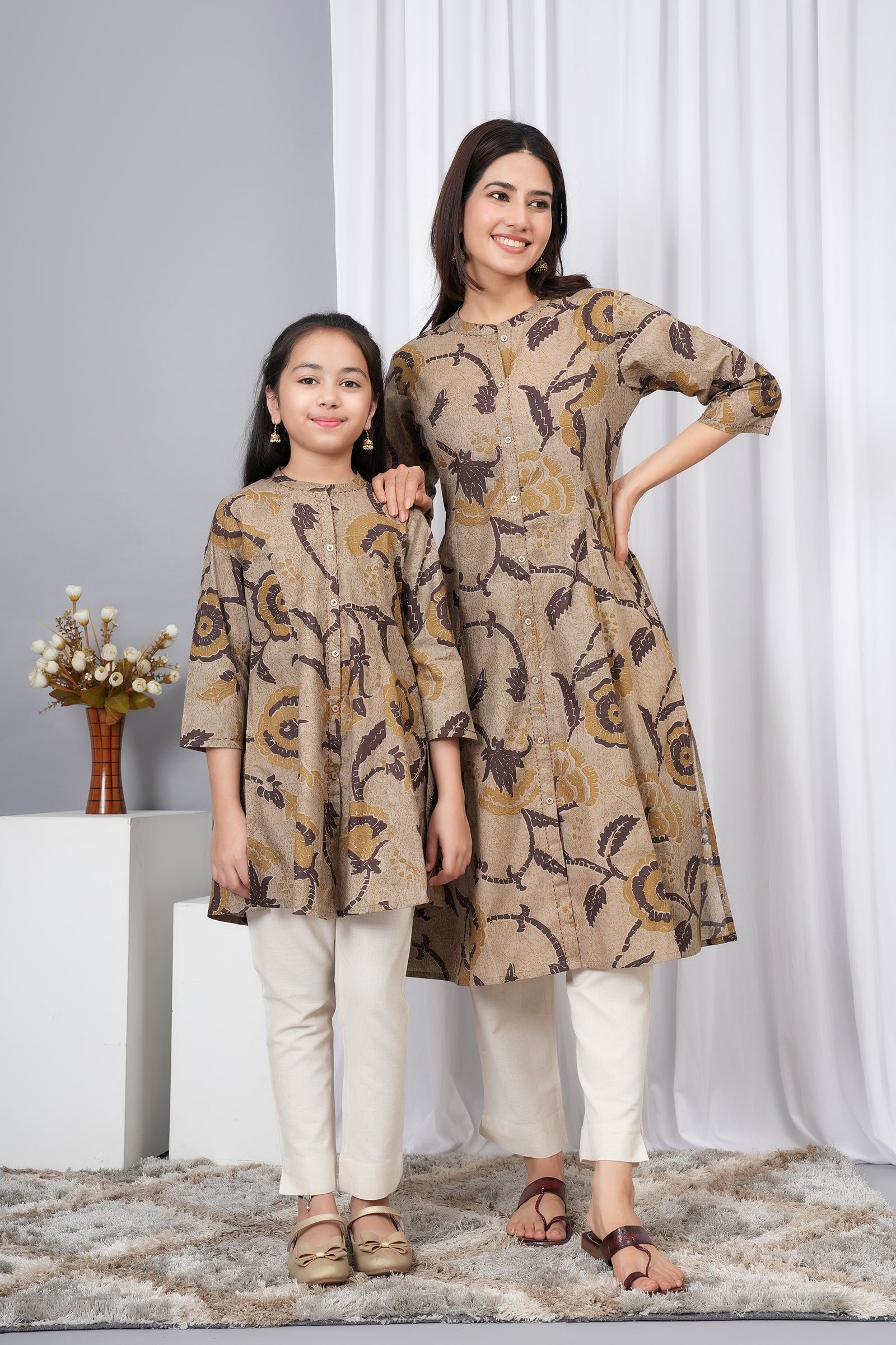 Flower Pattern Printed A-Line Ethnic Kurti Maa Beti Duo - Light Greenish Brown