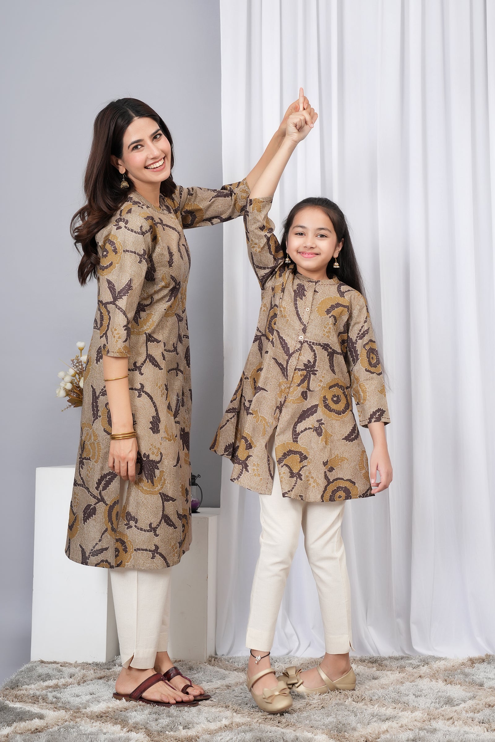 Flower Pattern Printed A-Line Ethnic Kurti Maa Beti Duo - Light Greenish Brown