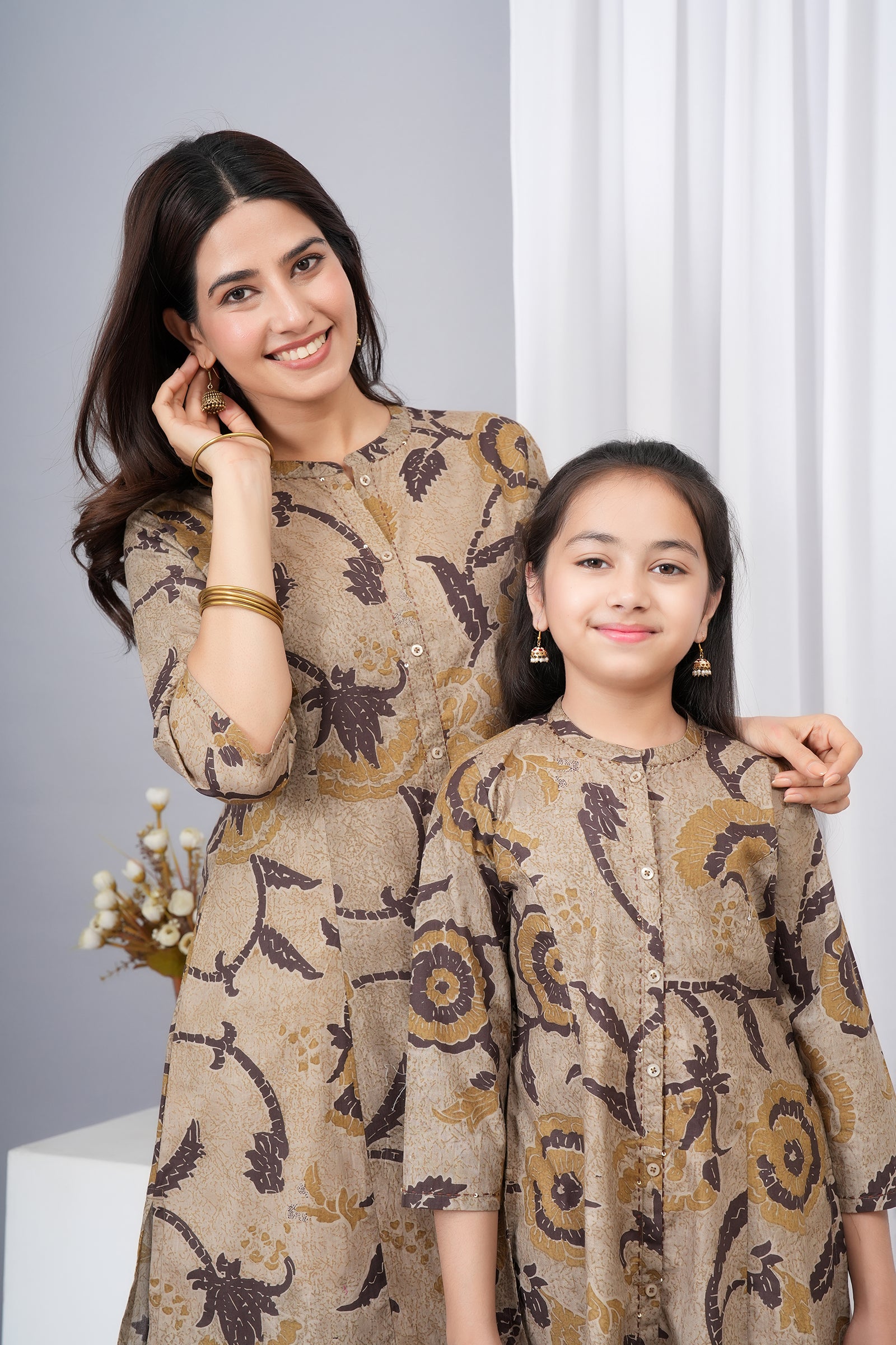 Flower Pattern Printed A-Line Ethnic Kurti Maa Beti Duo - Light Greenish Brown