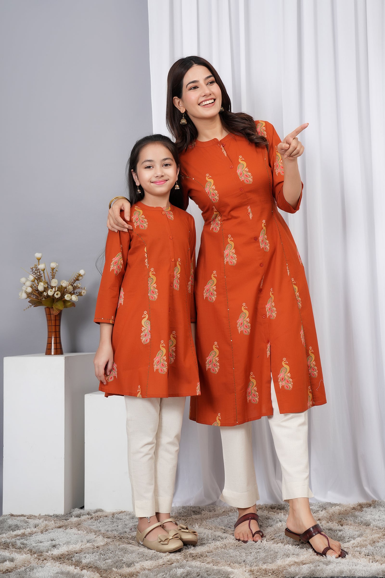 Peacock Printed A-Line Traditional Ethnic Kurti Maa Beti Duo - Rustic Orange